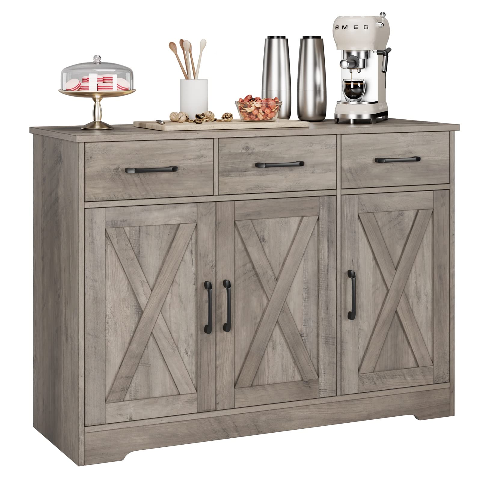 HOSTACK Modern Farmhouse Sideboard Buffet Cabinet, Barn Doors Buffet Storage Cabinet with Drawers and Shelves, Wood Coffee Bar with Storage for Kitchen, Dining Room, Living Room, White