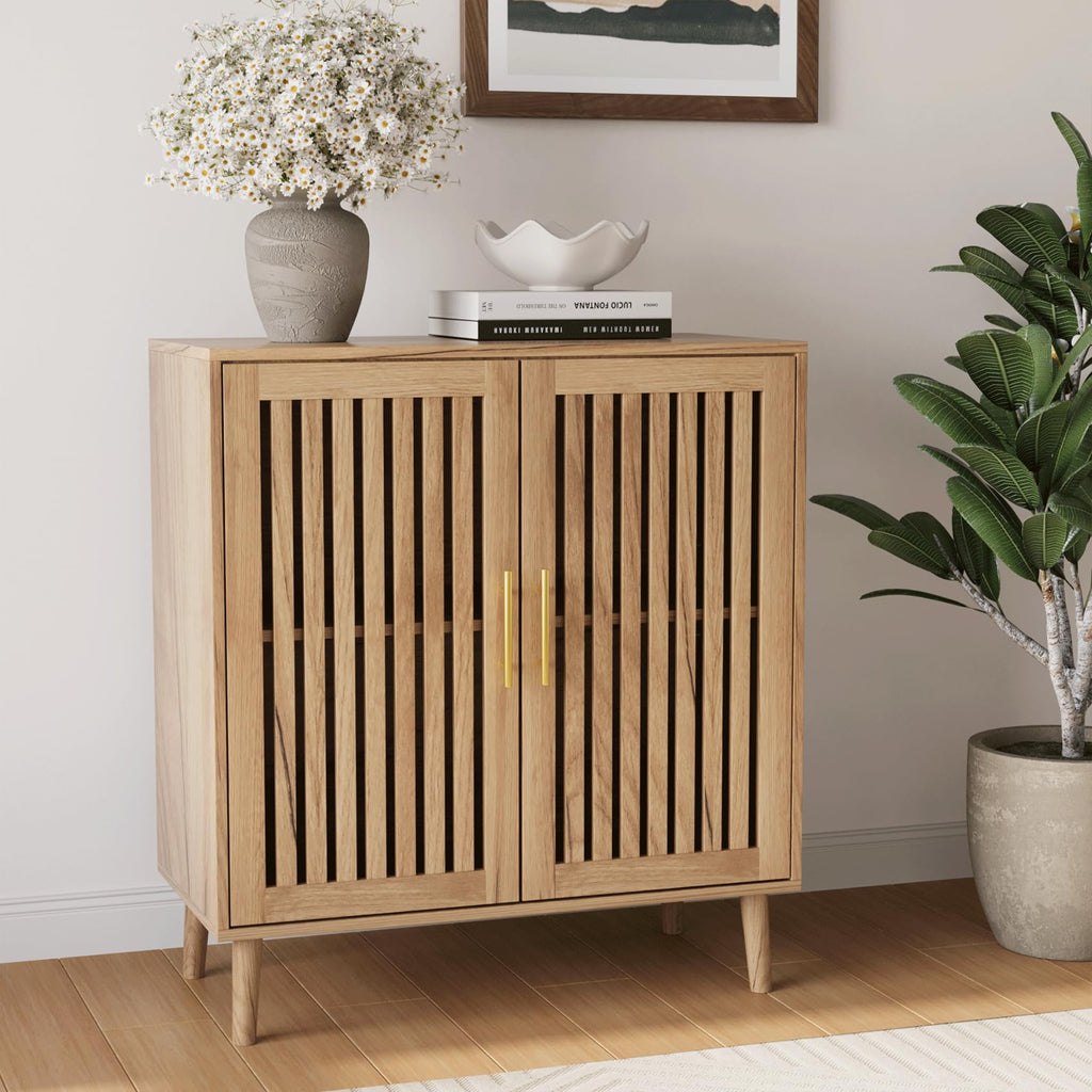 Smart FENDEE Sideboard Cabinet, 31.5" W Farmhouse Buffet Cabinet with Slatted Doors & Adjustable Shelf, Wood Coffee Bar Storage Station for Kitchen, Dining Room, Living Room, Entryway, Walnut Color