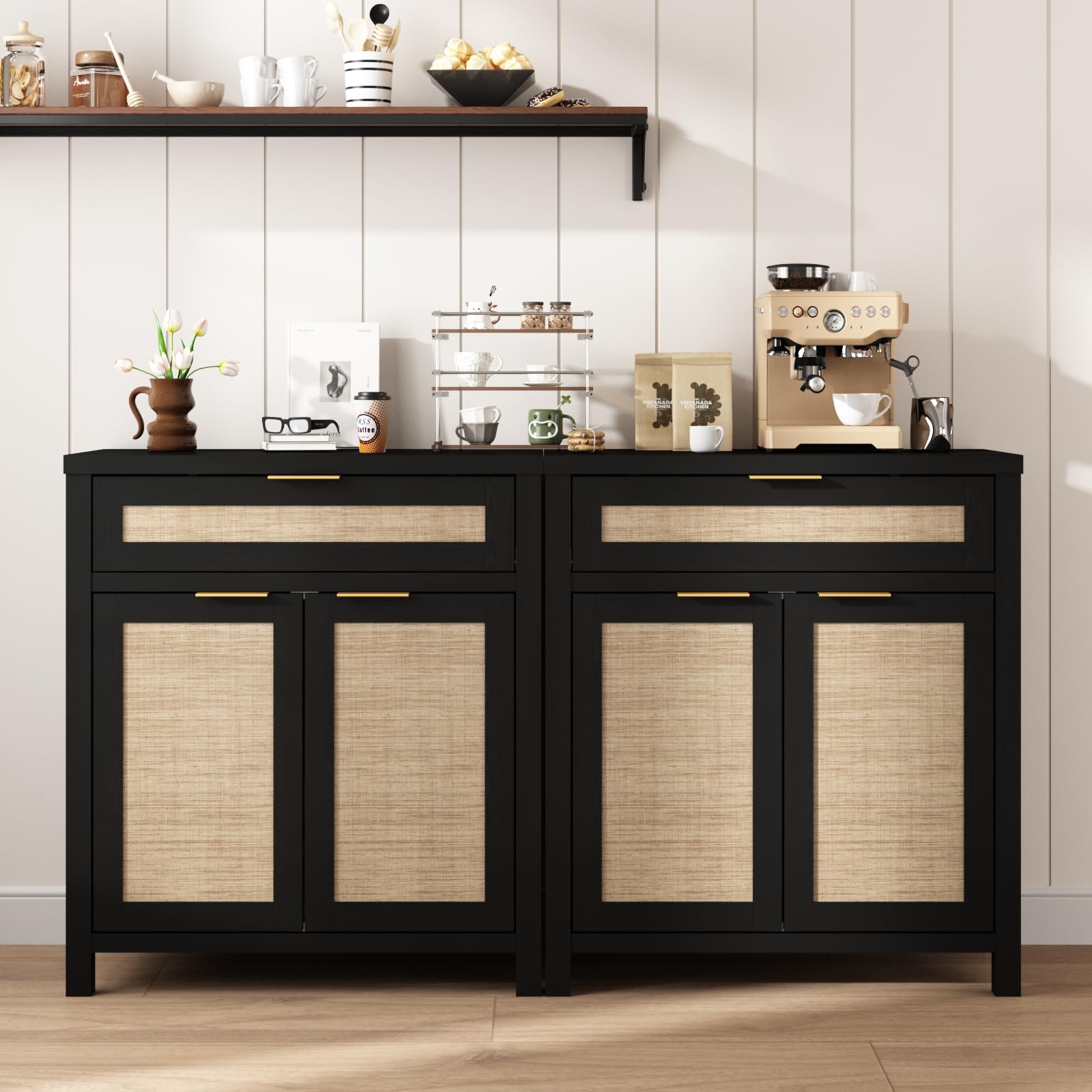HOKYHOKY 63" Rattan Sideboard Buffet Cabinet, Boho Storage Cabinet with Adjustable Shelves, Farmhouse Credenza Coffee Bar Cabinets with 4 Doors & 3 Drawers for Living Room, Hallway & Kitchen