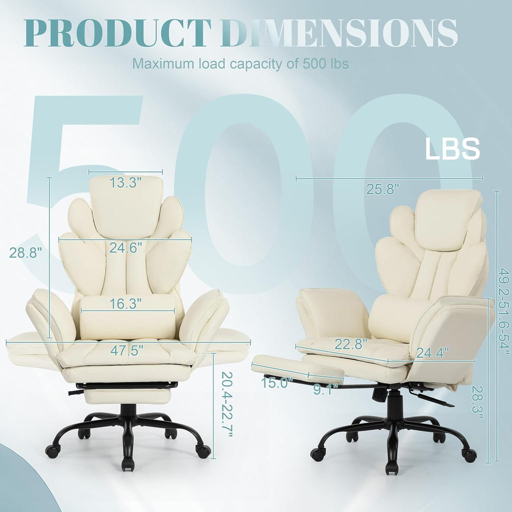Flip Armrests Criss Cross Office Chair, Reclining Office Chair with Foot Rest, Adjustable Headrest, Massage Waist Pillow, Cross Legged Big and Tall Desk Chair Wide Seat Vanity Chair, PU Leather White