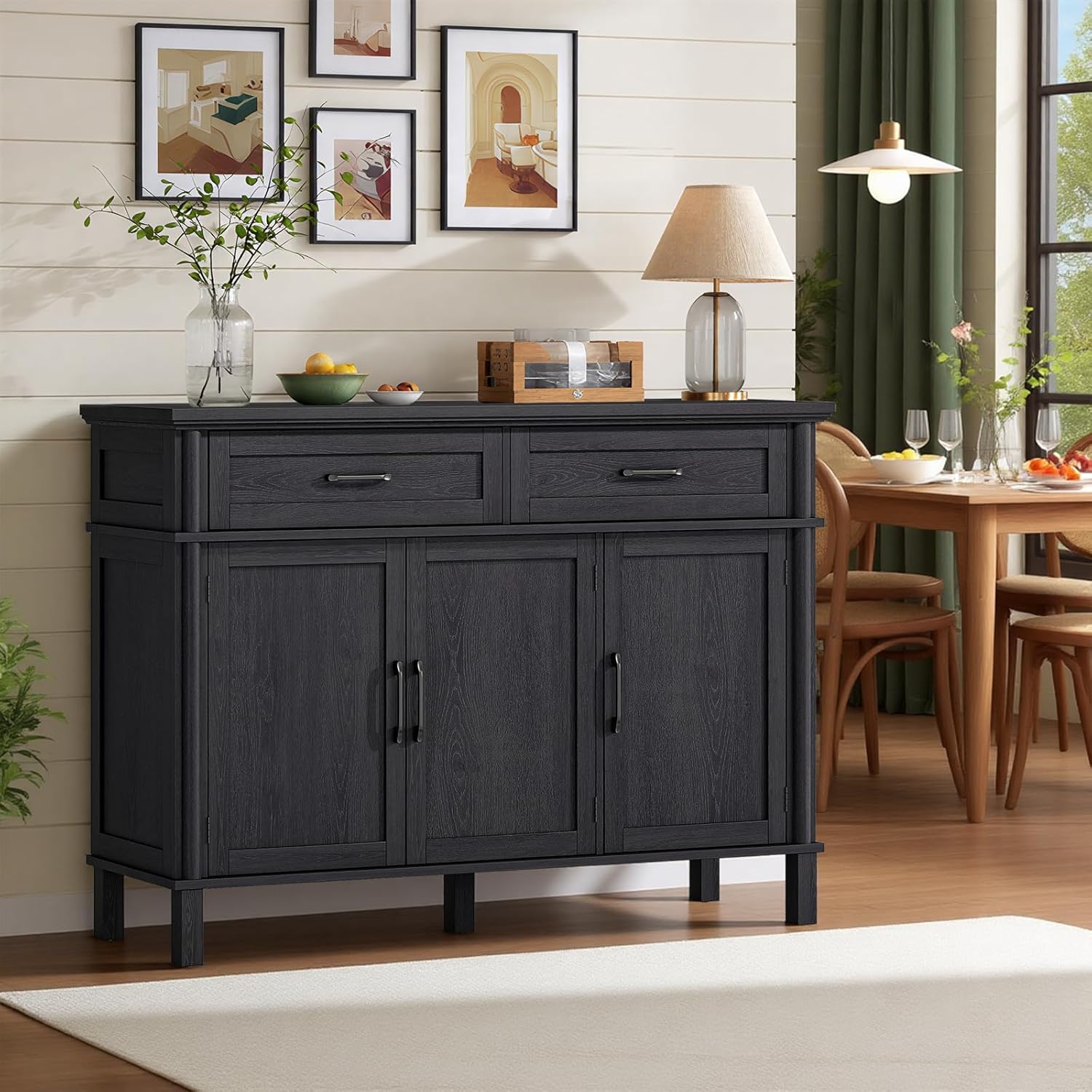 48 Inches Sideboard Buffet Cabinet with Storage, Farmhouse Sideboard Buffet w/2 Drawers and 3 Doors, Kitchen Cabinet with Adjustable Shelf, Wood Kitchen Console Table for Living Room, Hallway, Black