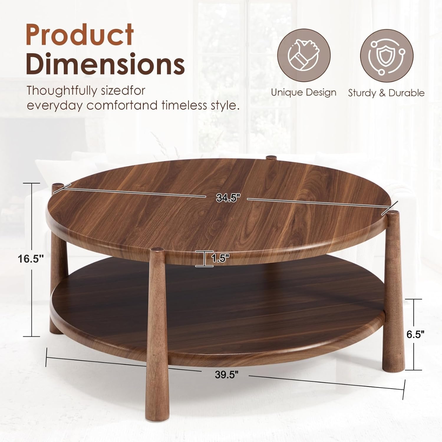 Round Coffee Table, Mid-Century Modern 2-Tier Wood Center Table with Open Storage Shelf, Farmhouse Circle Coffee Table for Living Room Office, Walnut Brown