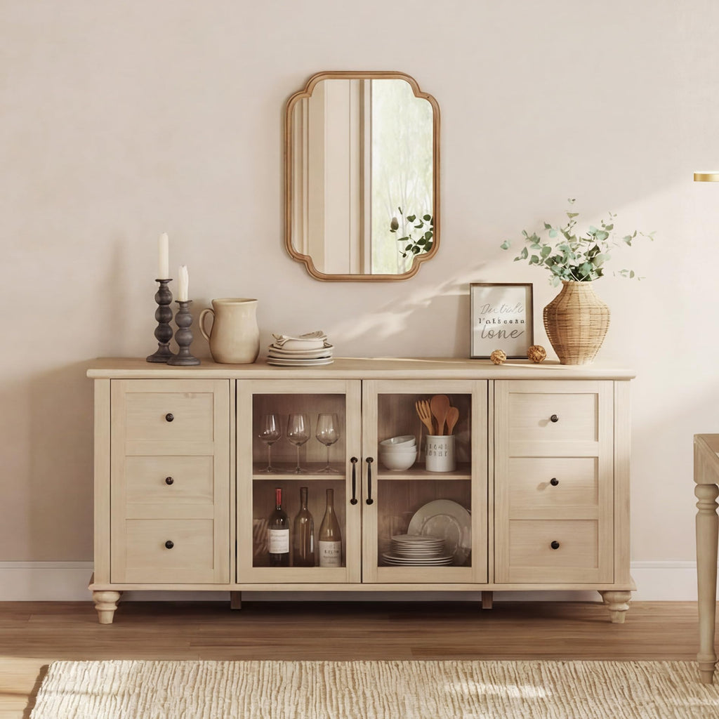 WAMPAT Farmhouse Sideboard Buffet Cabinet with Glass Door & Adjustable Shelf, Wooden Coffee Bar Table with Solid Wood Leg, Kitchen Storage Cabinet for Dining Room, Oak, 58 Inch