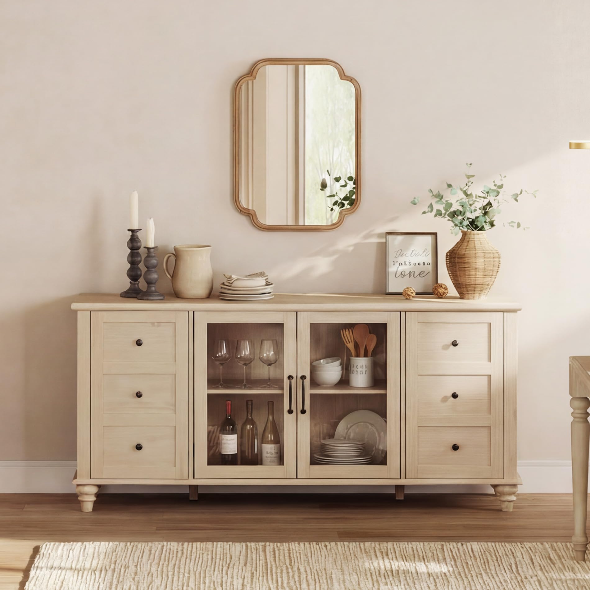 WAMPAT Farmhouse Sideboard Buffet Cabinet with Glass Door & Adjustable Shelf, Wooden Coffee Bar Table with Solid Wood Leg, Kitchen Storage Cabinet for Dining Room, Oak, 58 Inch