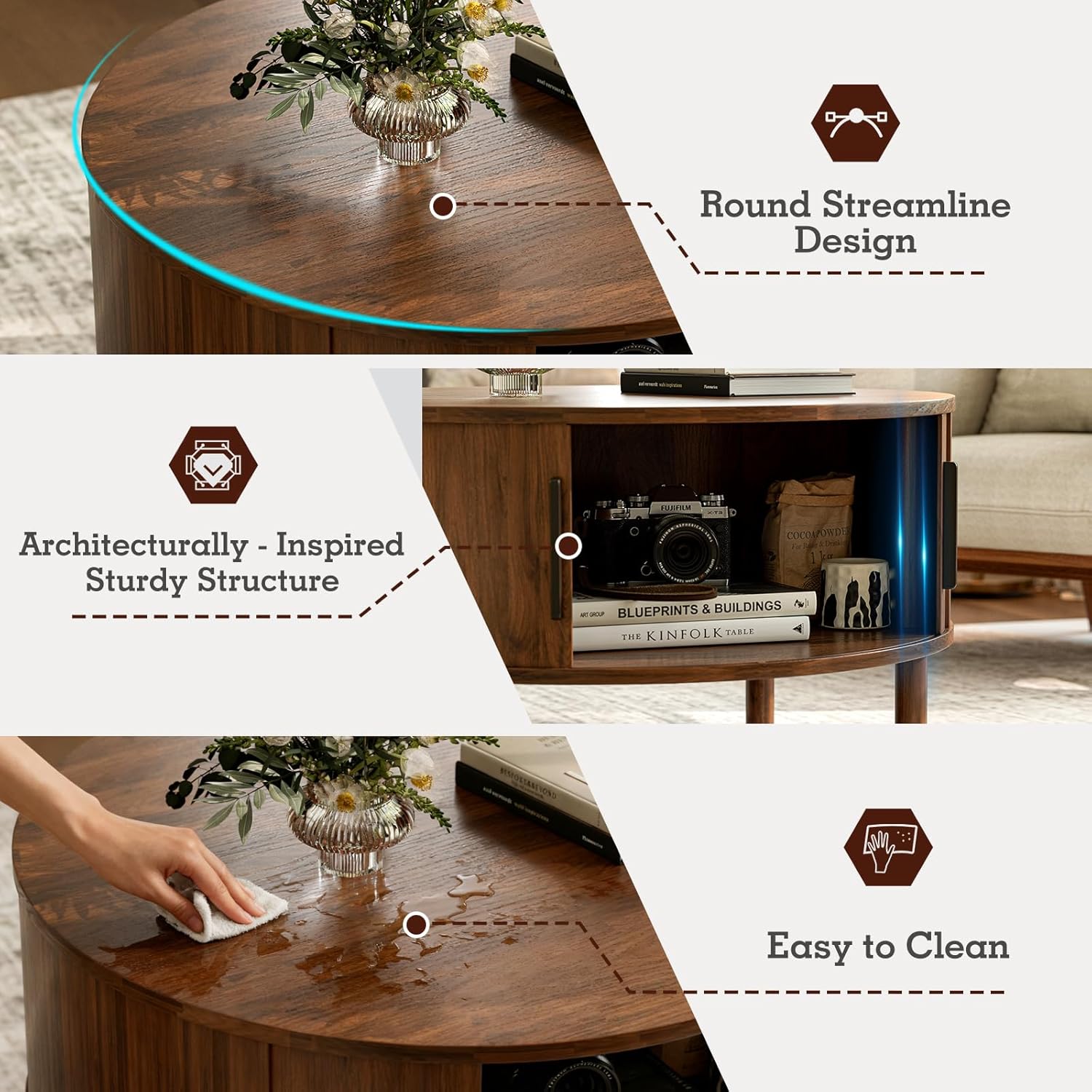 ZttRiee Coffee Table for Living Room, Modern Round Coffee Table with Cabinets & Sliding Doors, Home Small Space, 29.9" Fluted Center Table, Walnut