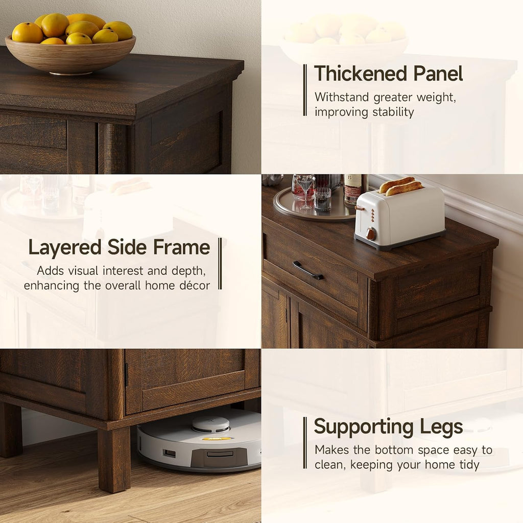 48" Brown Farmhouse Wood Sideboard Buffet Credenza with 4 Drawers & Adjustable Shelves, Coffee Bar Storage Cabinet for Kitchen Living Room Entryway