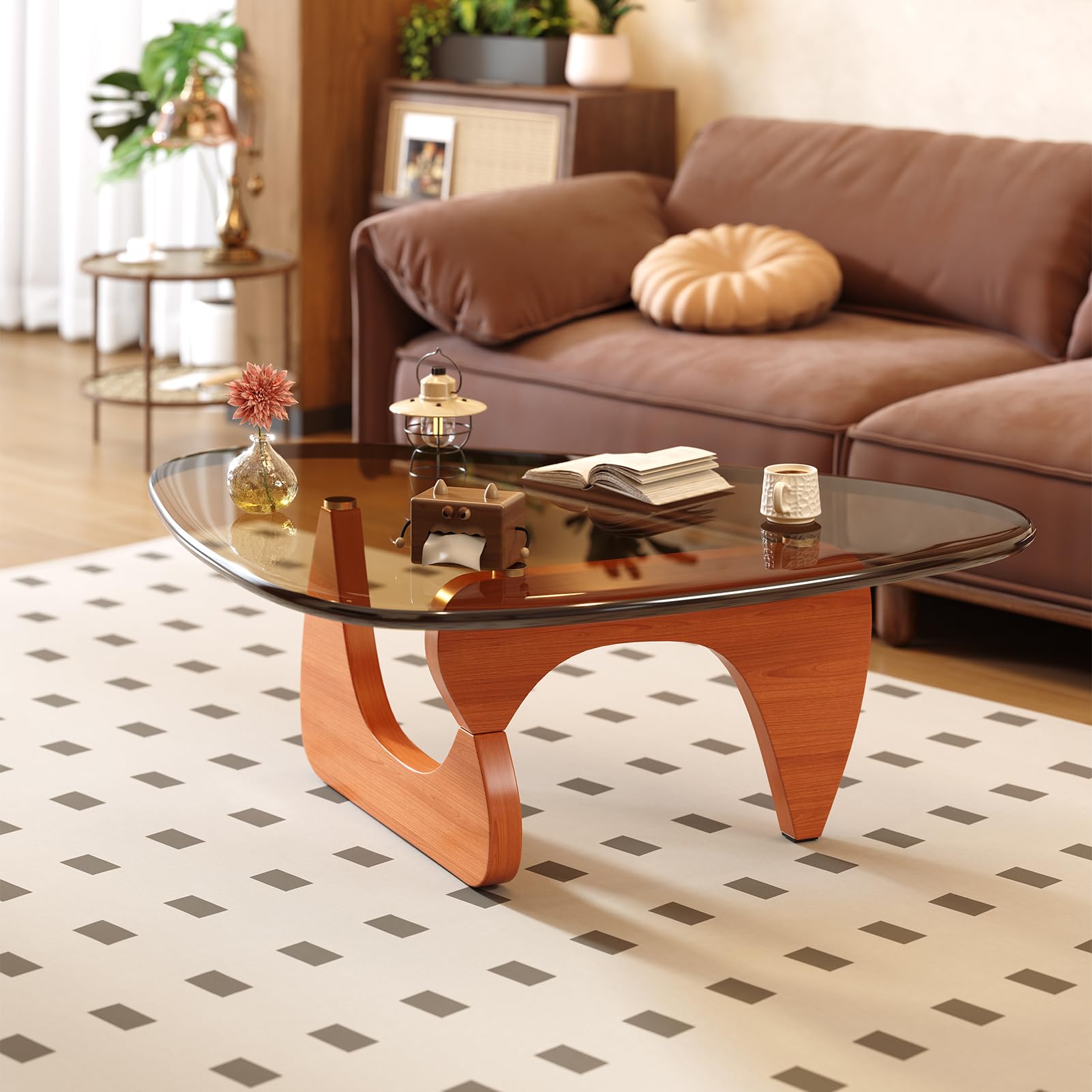 Coffee Table for Living Room Mid Century Modern Center Table with Glass Top and Wood, 32 Inch, Brown/Walnut