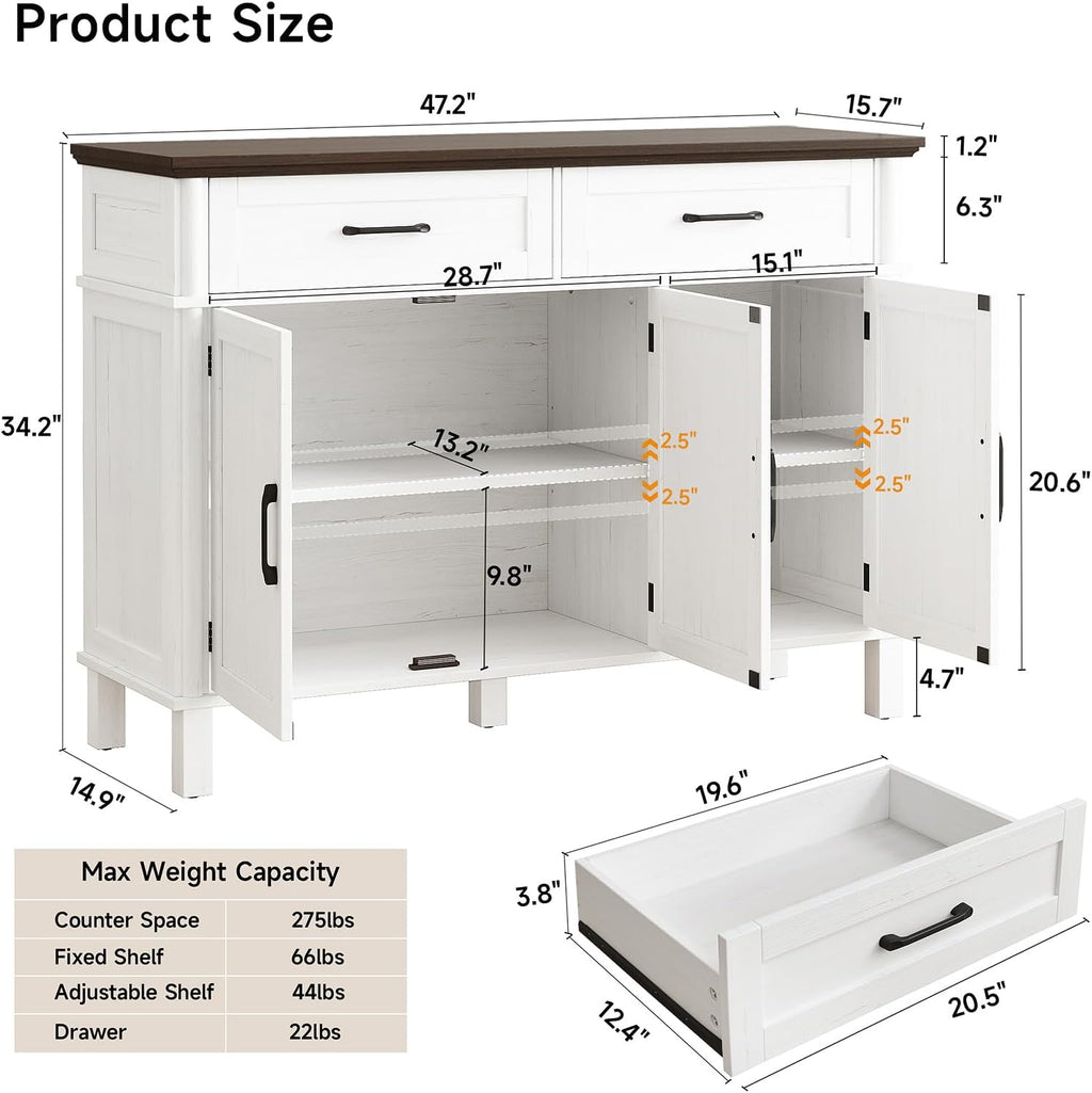 48" Off White Farmhouse Sideboard Buffet Cabinet with 2 Drawers, 3 Doors & Adjustable Shelves, Wood Storage Coffee Bar for Kitchen Living Room
