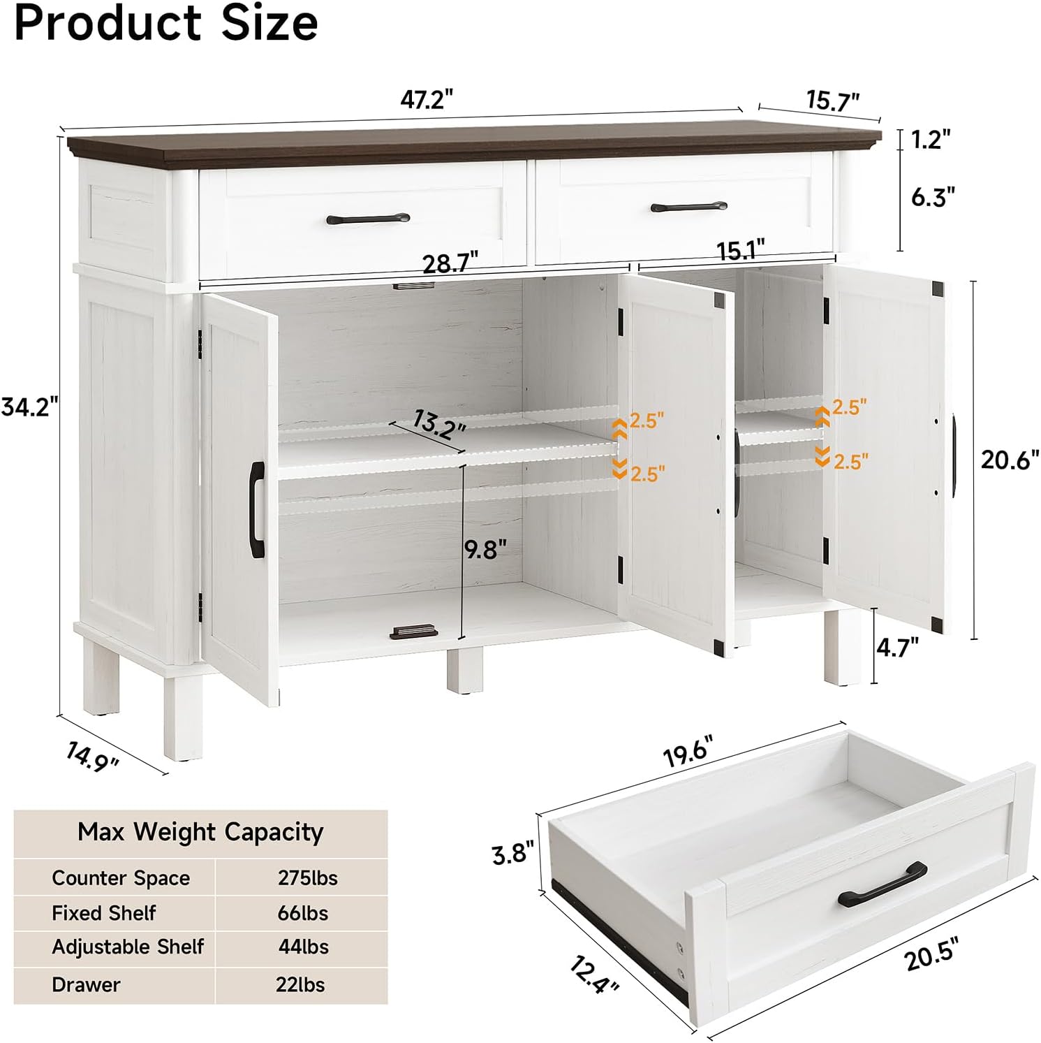 48" Off White Farmhouse Sideboard Buffet Cabinet with 2 Drawers, 3 Doors & Adjustable Shelves, Wood Storage Coffee Bar for Kitchen Living Room
