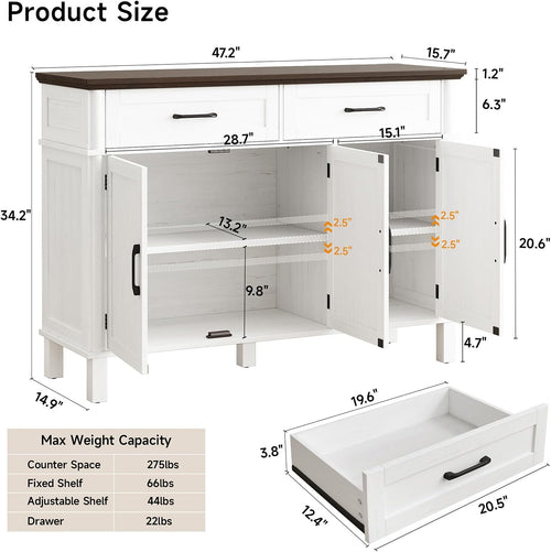 48" Off White Farmhouse Sideboard Buffet Cabinet with 2 Drawers, 3 Doors & Adjustable Shelves, Wood Storage Coffee Bar for Kitchen Living Room