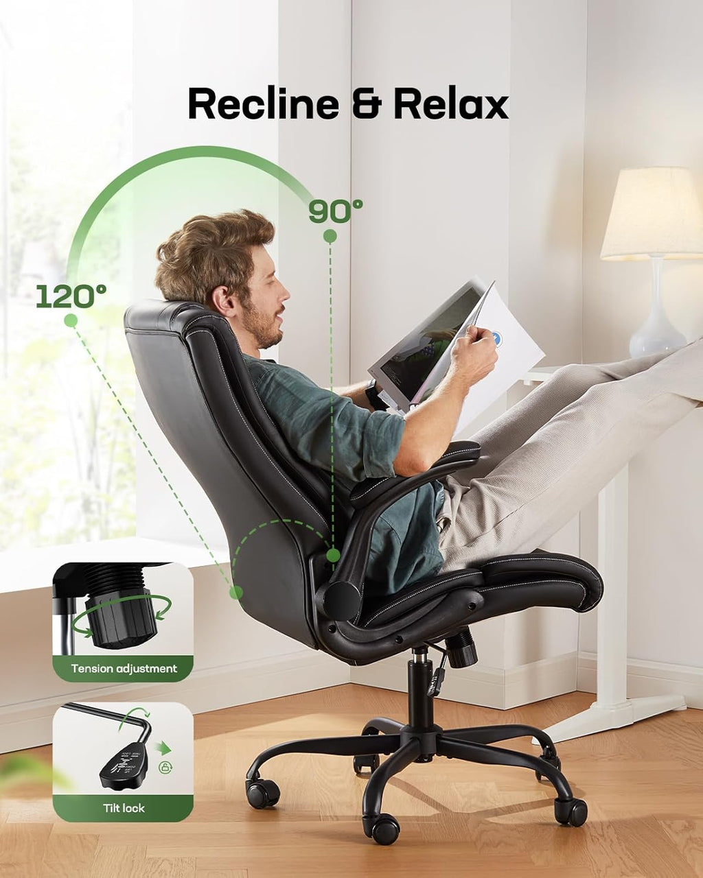 Marsail Executive Office Chair with Flip-up Armrests,PU Leather Ergonomic Desk Chair Height-Adjustable Swivel Rolling Computer Desk Chair,Black