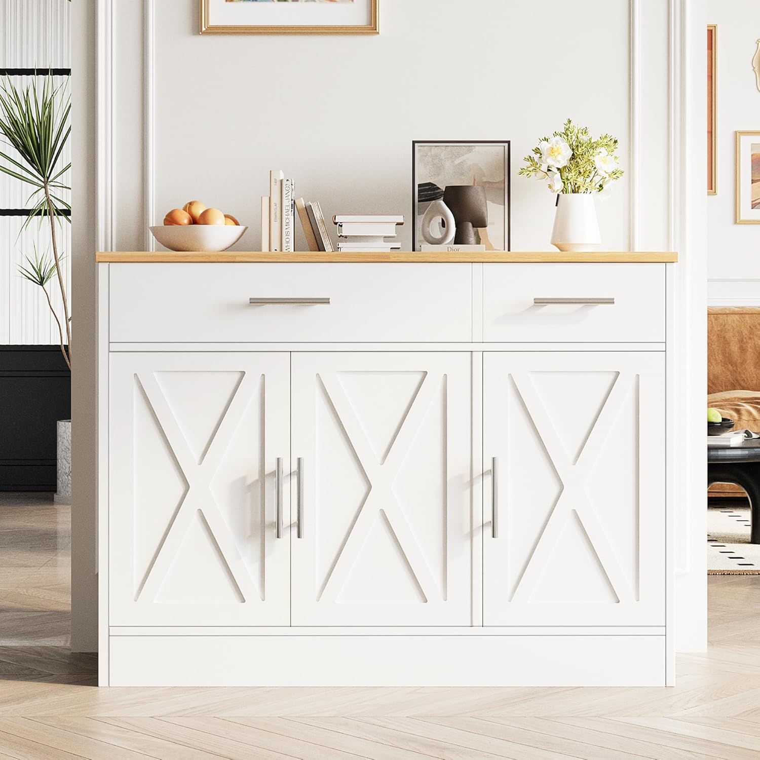 Vongrasig 43” Coffee Bar Cabinet, Farmhouse Buffet Cabinet with Storage, Sideboard Buffet with Drawers and Shelves for Kitchen, Dining Room, White
