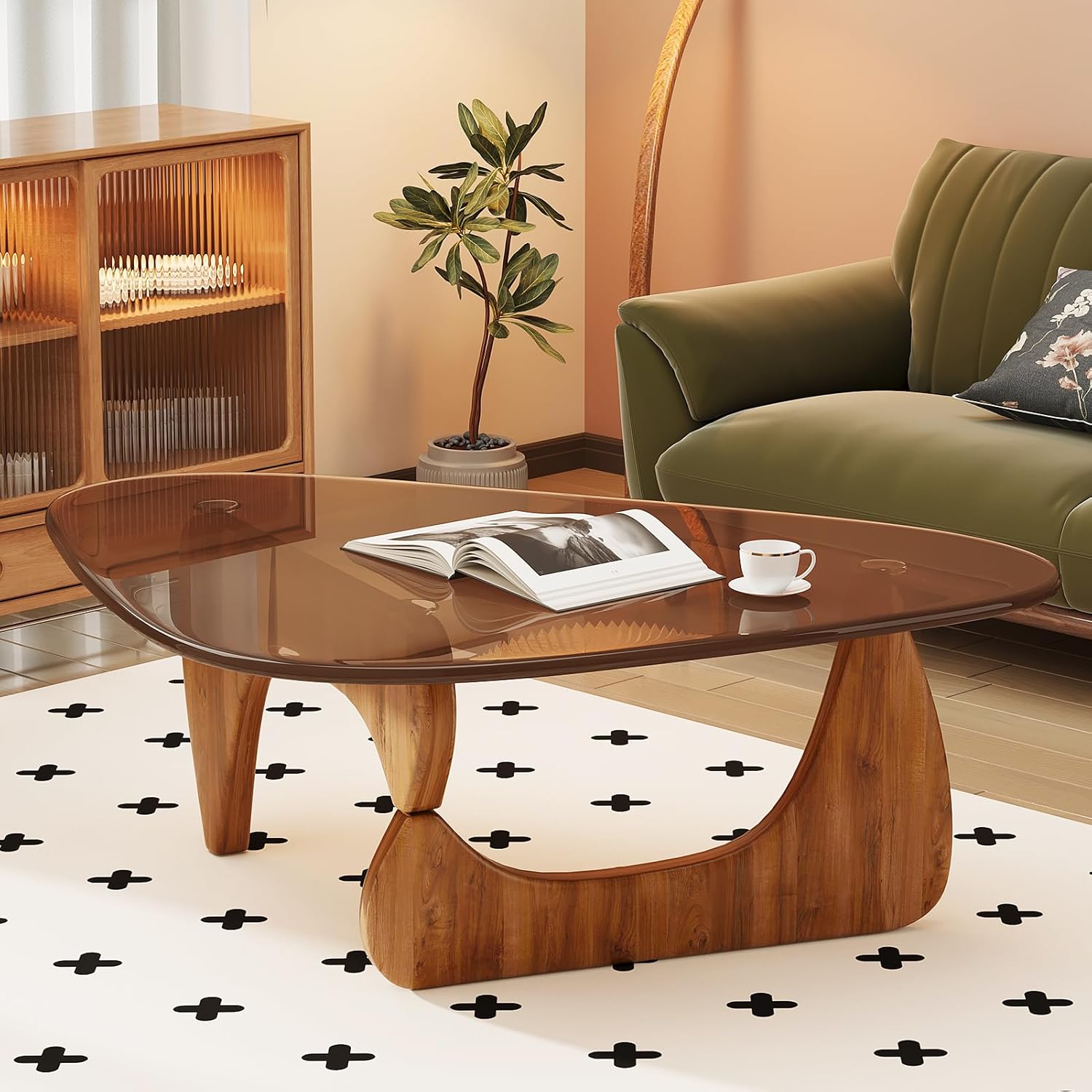 Coffee Table for Living Room Mid Century Modern Center Table with Glass Top and Wood, 36 Inch, Brown/Walnut