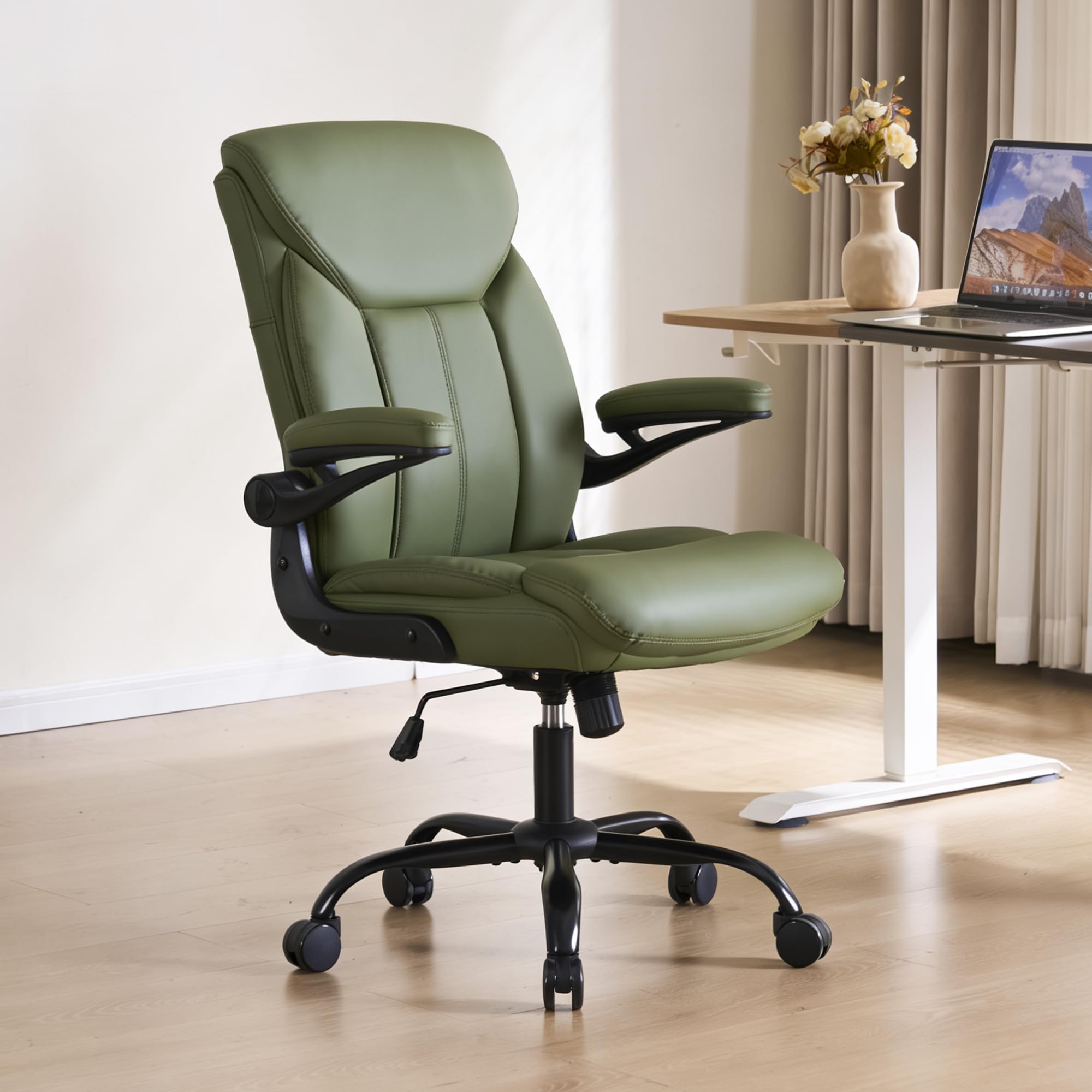 Home Office Ergonomic Desk Chair - Comfy Leather Executive Chair with Flip-Up Armrests, Height Adjustable Computer Chair for Gaming, 360° Swivel & Rocking(Black)