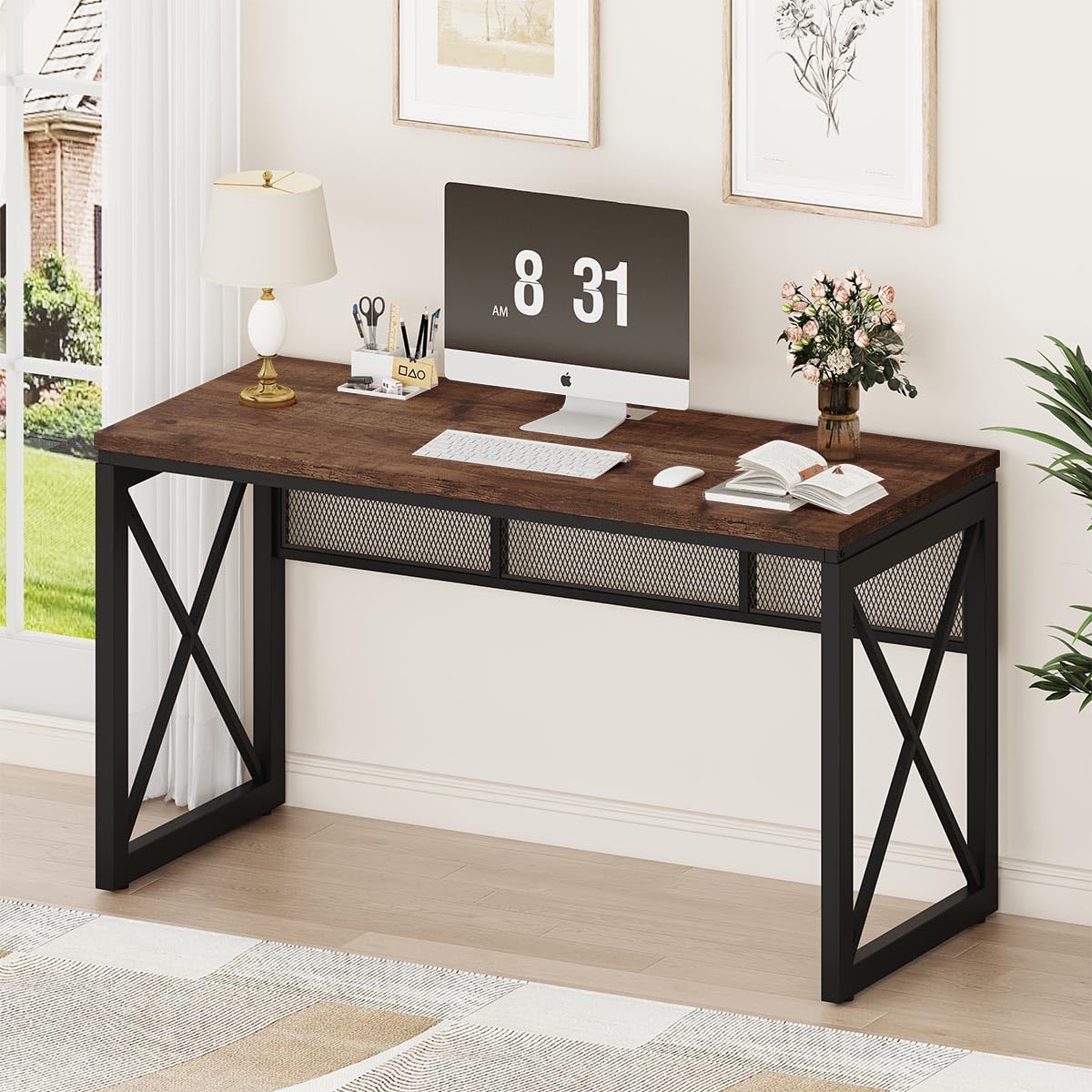 54 Inch Rustic Oak BON AUGURE Farmhouse Industrial Wood Metal Computer Gaming Writing Desk for Home Office