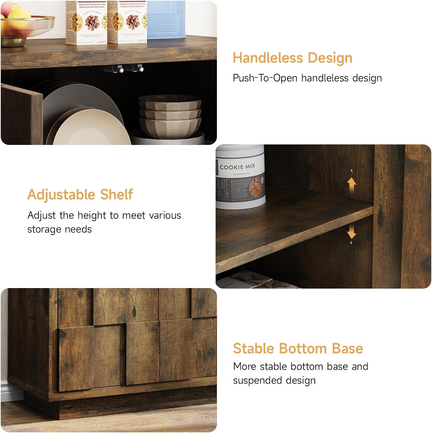 ONBRILL 60" Sideboard Buffet Cabinet with Storage, Irregular Panel Design Credenza Mid Century Farmhouse Coffee Bar Cabinet with 4 Doors & Adjustable Shelves for Living Room, Hallway (Rustic Brown)