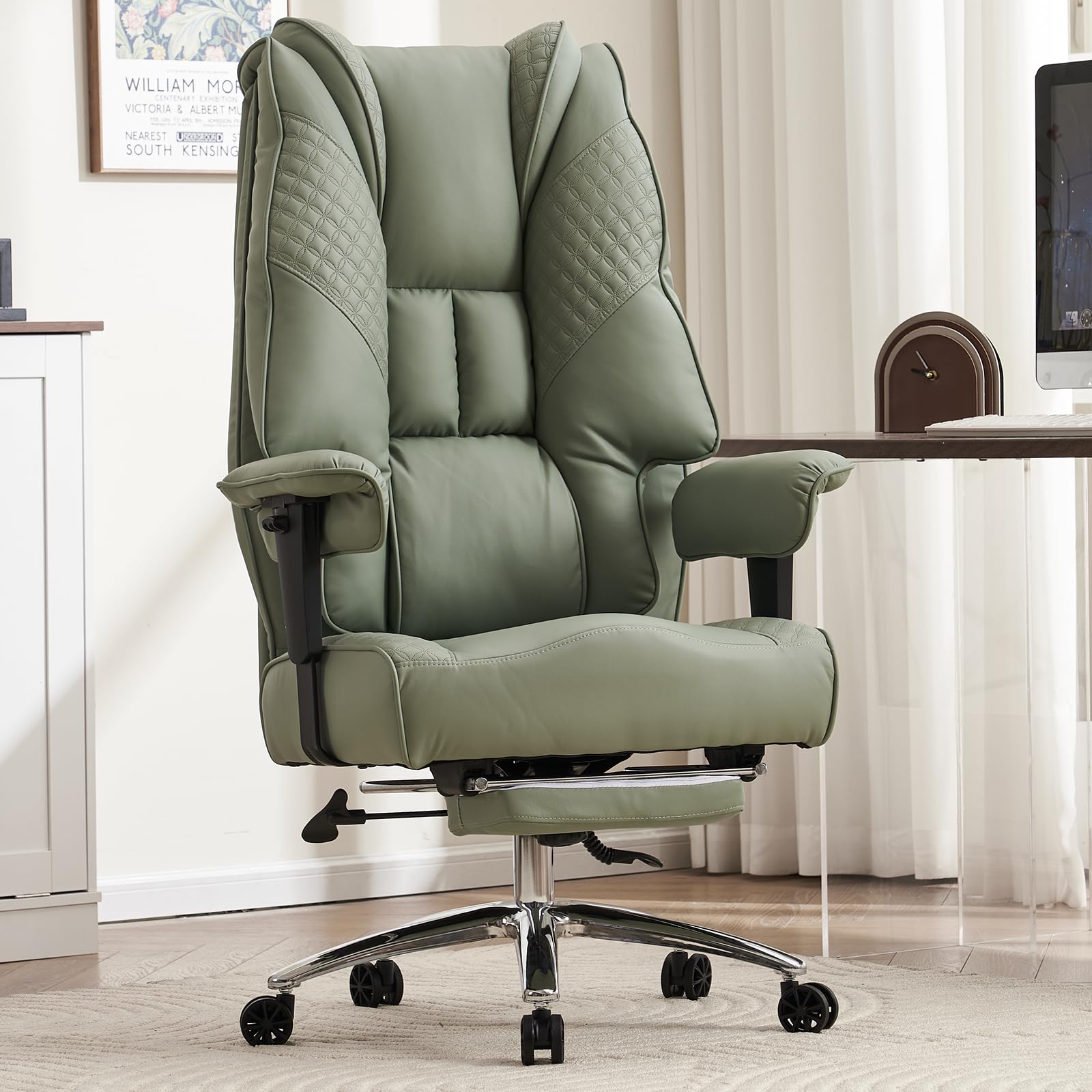 EXCEBET Big and Tall Office Chair 400lbs Wide Seat, Leather High Back Executive Office Chair with Lumbar Support, Ergonomic Chairs Padded Armrests & Thick Cushion (Mesh Beige)