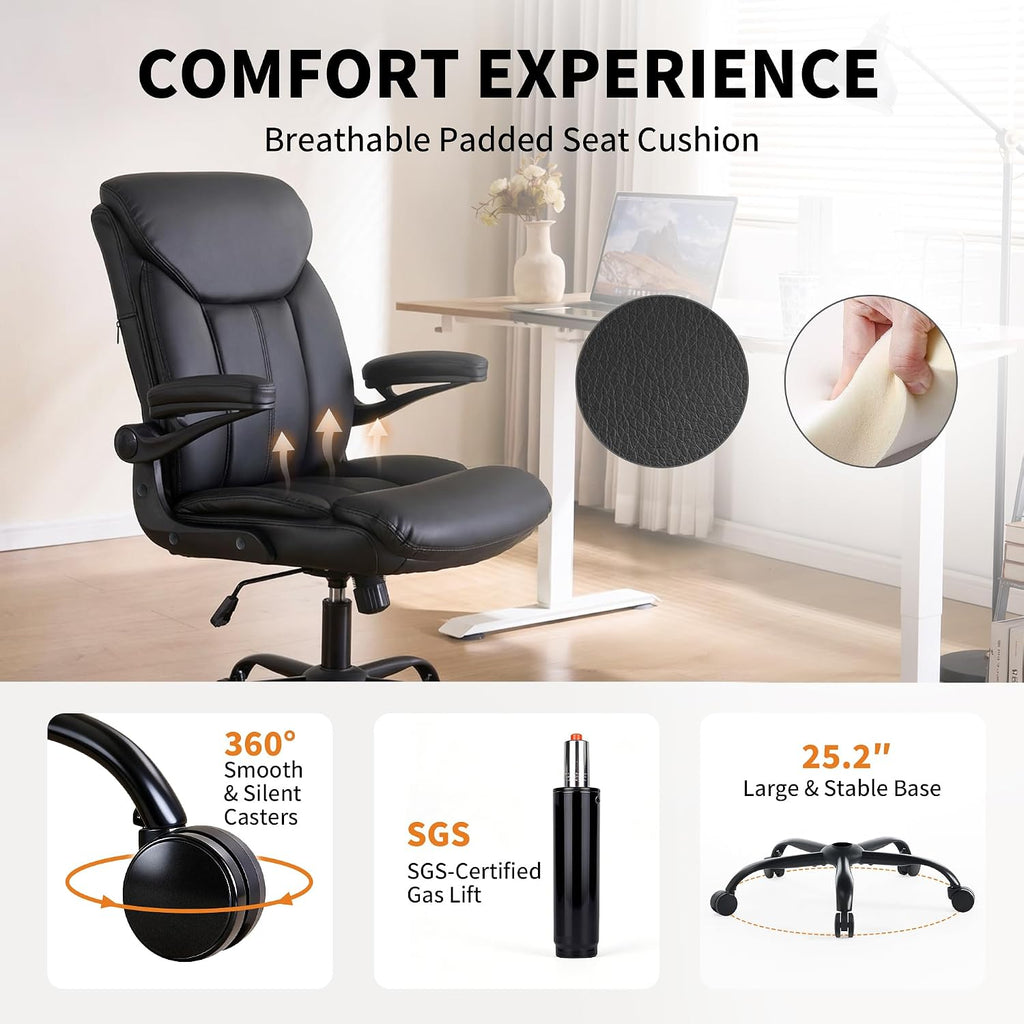 Home Office Ergonomic Desk Chair - Comfy Leather Executive Chair with Flip-Up Armrests, Height Adjustable Computer Chair for Gaming, 360° Swivel & Rocking(Black)