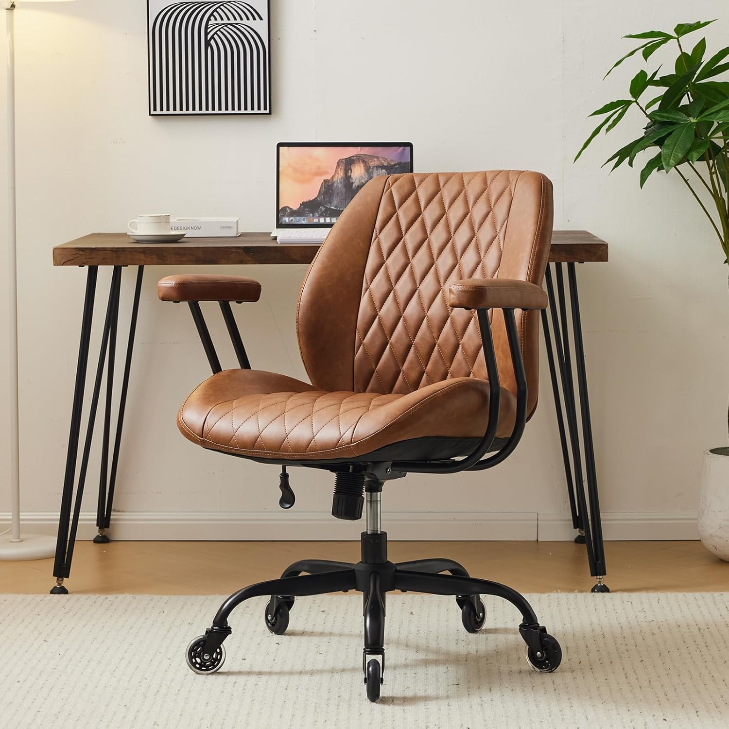 YFO Home Office Desk Chair High Back Office Rubber Casters Ergonomic Computer Chair with Lumbar Support Adjustable Height Rolling Swivel Chair Executive Task Armrests， Brown Leather