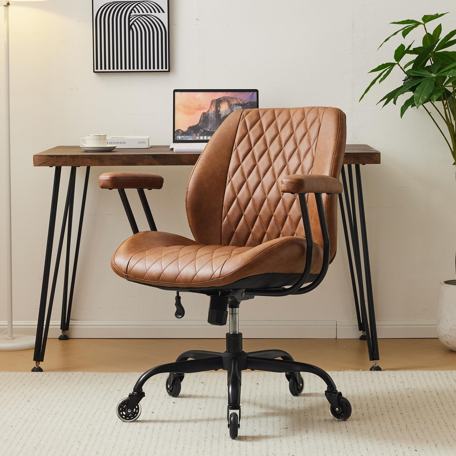 YFO Home Office Desk Chair High Back Office Rubber Casters Ergonomic Computer Chair with Lumbar Support Adjustable Height Rolling Swivel Chair Executive Task Armrests， Brown Leather