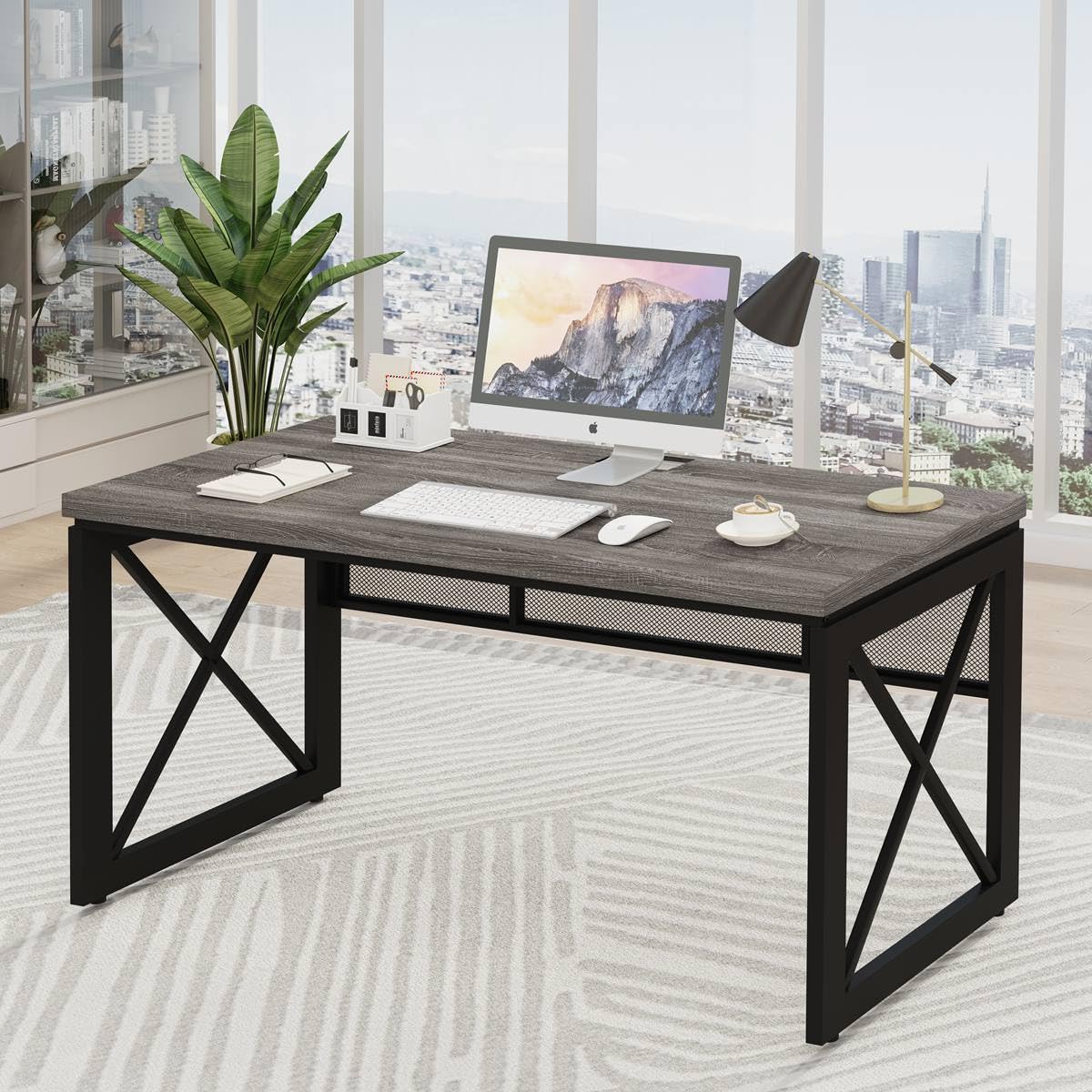 54 Inch Rustic Oak BON AUGURE Farmhouse Industrial Wood Metal Computer Gaming Writing Desk for Home Office
