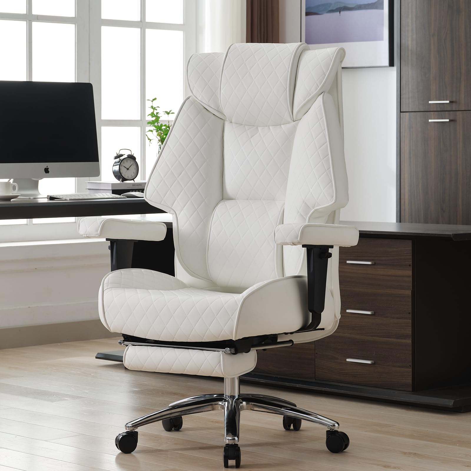 EXCEBET Big and Tall Office Chair 400lbs Wide Seat, Leather High Back Executive Office Chair with Lumbar Support, Ergonomic Chairs Padded Armrests & Thick Cushion (Mesh Beige)