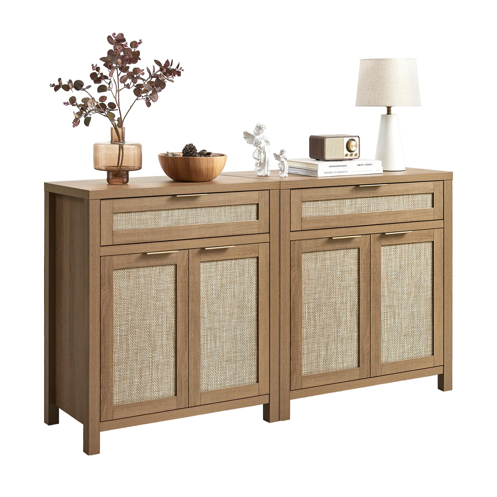 HOKYHOKY 63" Rattan Sideboard Buffet Cabinet, Boho Storage Cabinet with Adjustable Shelves, Farmhouse Credenza Coffee Bar Cabinets with 4 Doors & 3 Drawers for Living Room, Hallway & Kitchen