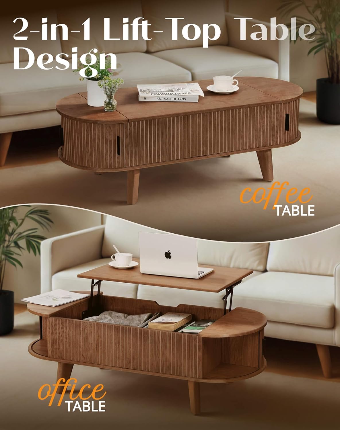 Oval Lift Top Coffee Table with Storage, 47.2" Mid Century Modern Living Room Center Table with 180° Sliding Tambour Door, Wood Fluted Coffee Table for Home Office, Walnut