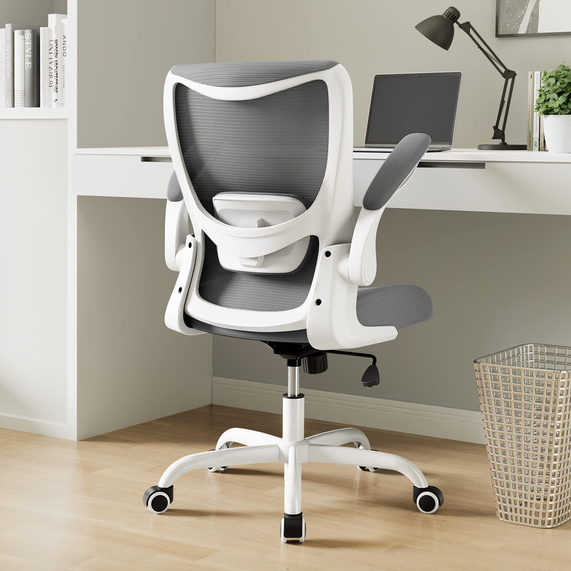 MUXX.STIL Office Chair, PU Leather Ergonomic Desk Chair with Adjustable Lumbar Support and Flip up Armrest, Breathable Mesh Computer Chair for Home Office, Khaki