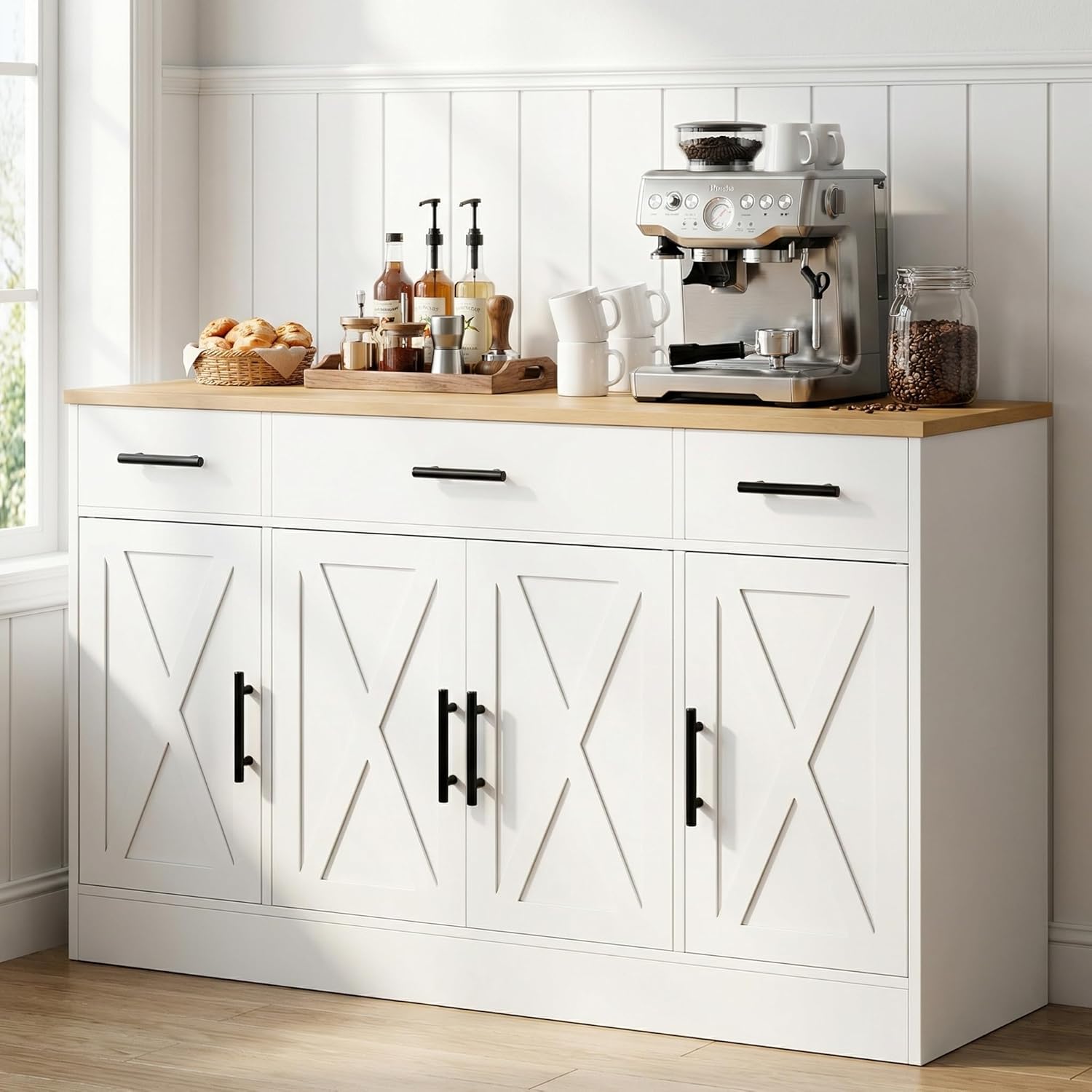 SUNLEI Kitchen Buffet Sideboard Cabinet, Wooden Storage with 4 Doors and 3 Drawers, Adjustable Shelf, Modern Farmhouse Coffee Bar Cabinet with Storage for Kitchen/Laundry/Living Room, Ivory
