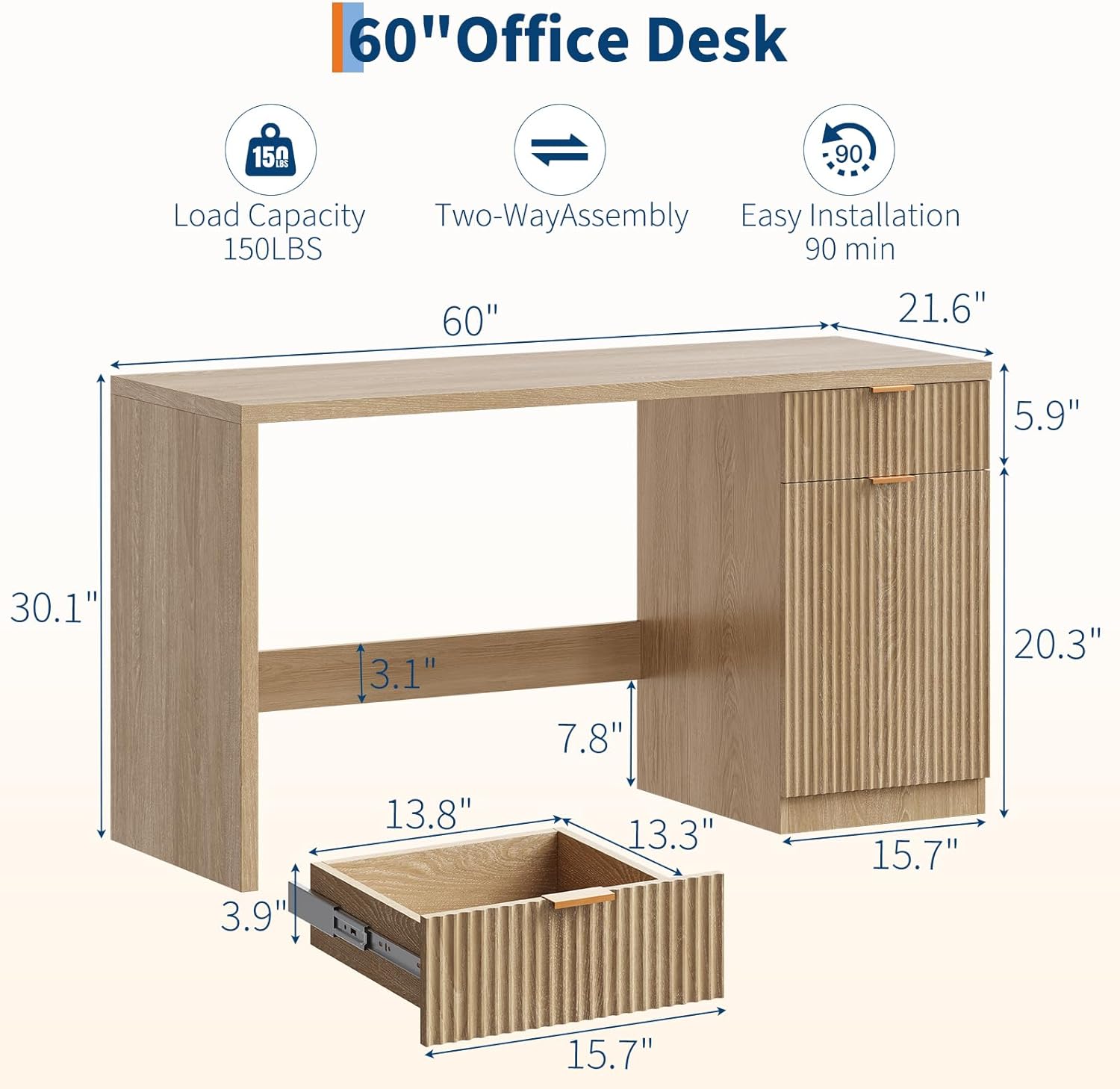 IDEALHOUSE Fluted Executive Desk with Drawers, 60" Modern Home Office Desk with Storage Cabinet, Wood Fluted Computer Desks Workstation for Working, Studying, Writing, Natural Oak