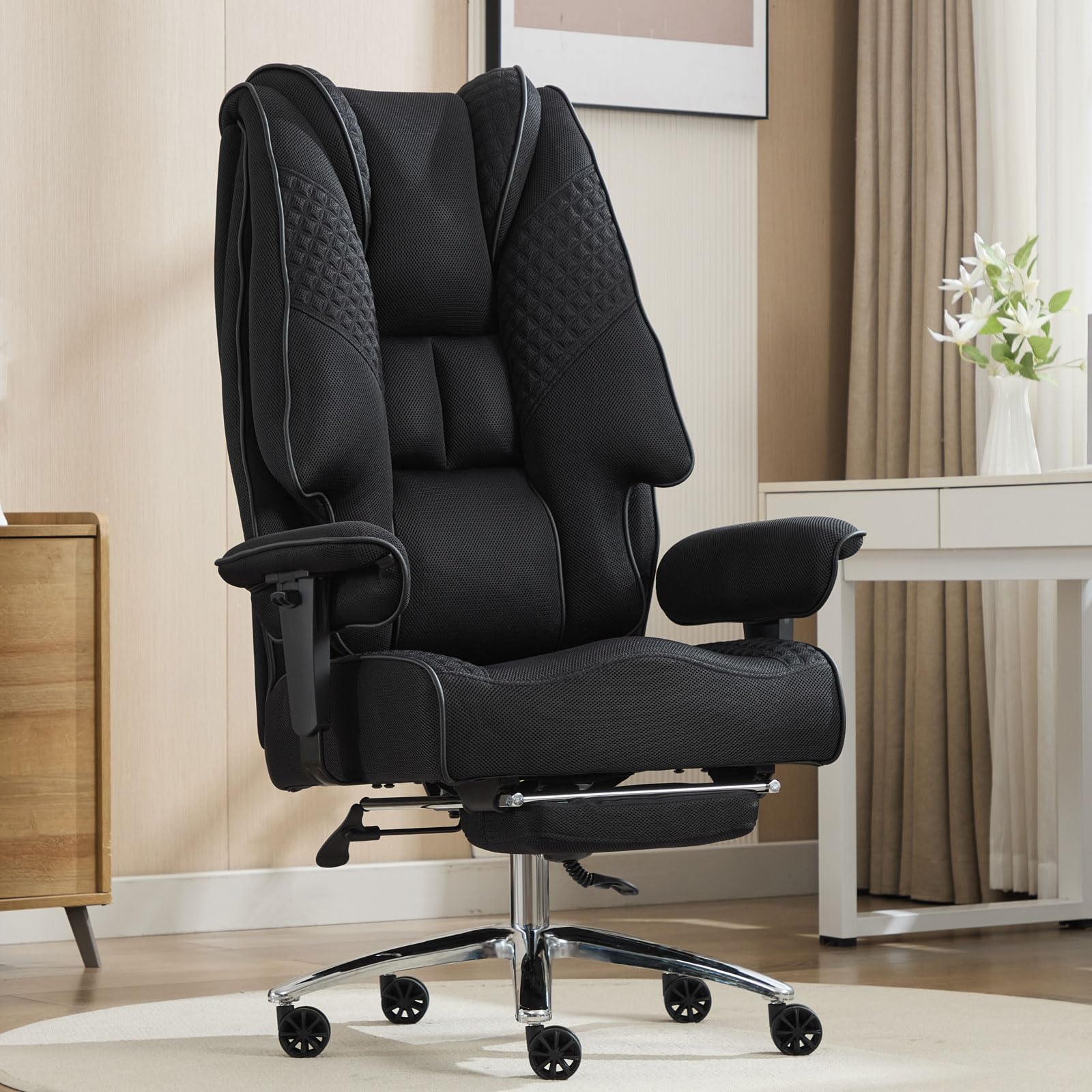 EXCEBET Big and Tall Office Chair 400lbs Wide Seat, Leather High Back Executive Office Chair with Lumbar Support, Ergonomic Chairs Padded Armrests & Thick Cushion (Mesh Beige)