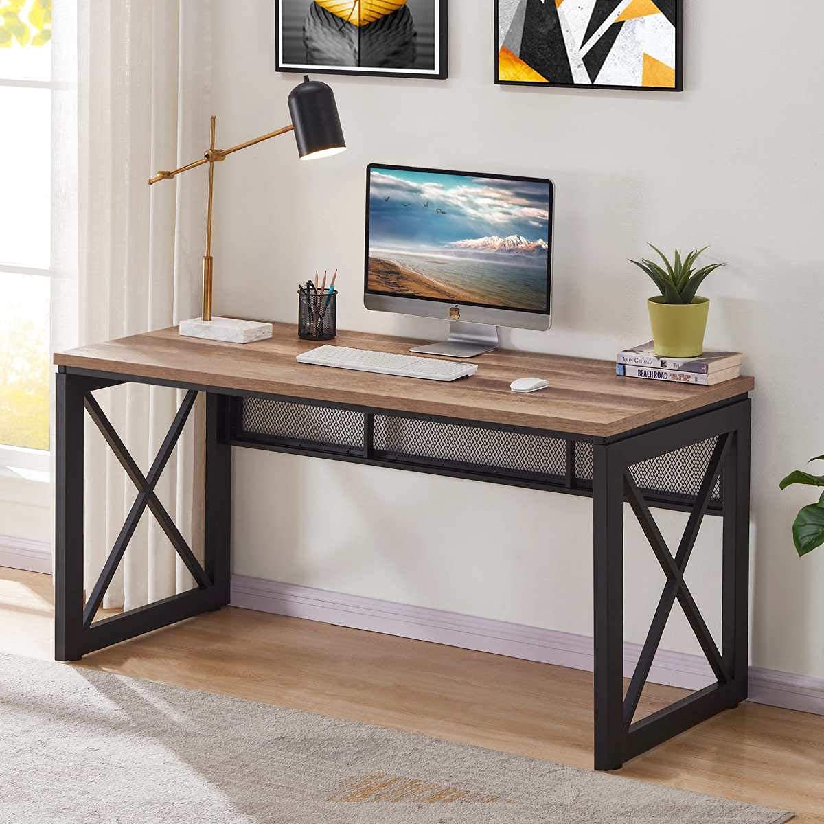 54 Inch Rustic Oak BON AUGURE Farmhouse Industrial Wood Metal Computer Gaming Writing Desk for Home Office
