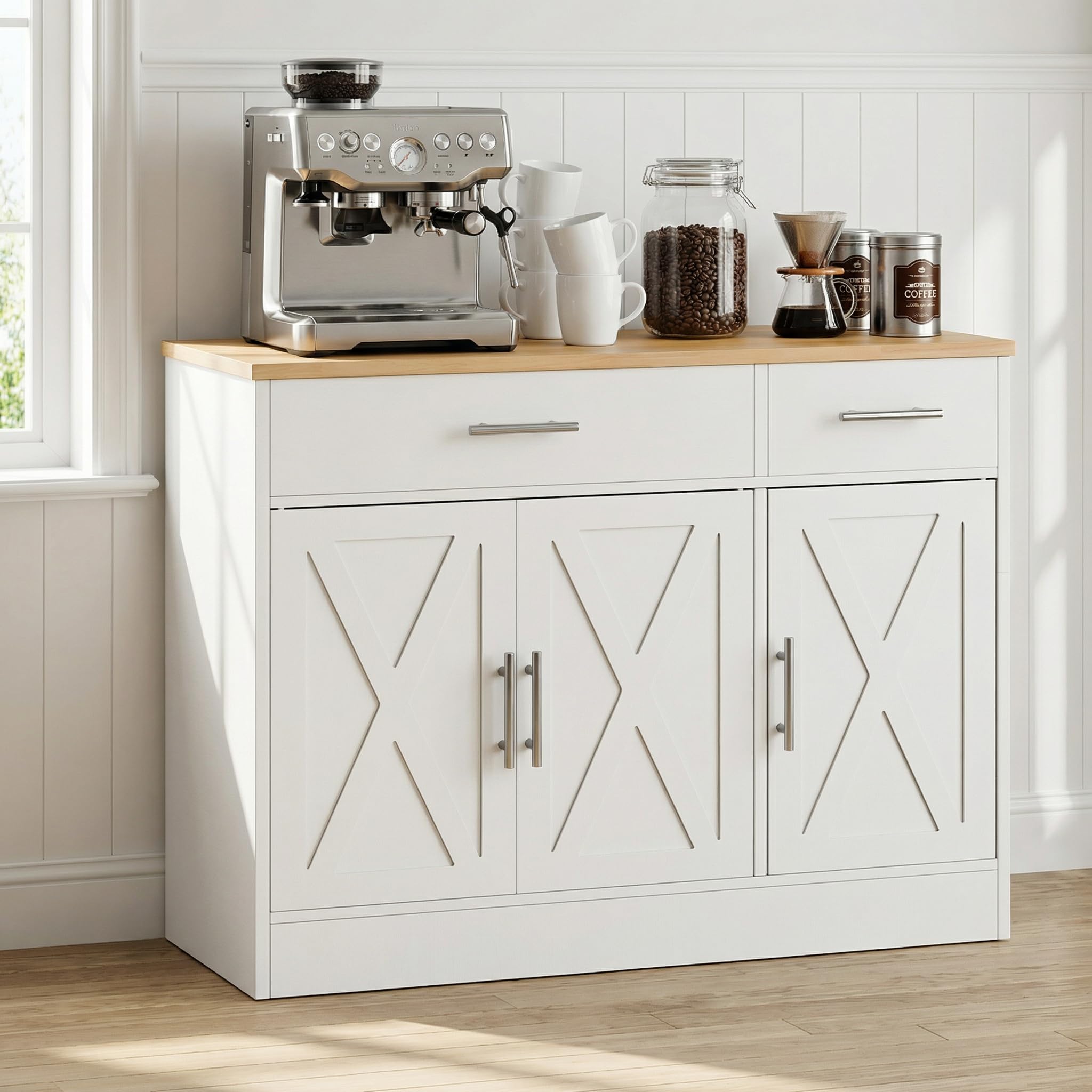 SUNLEI Kitchen Buffet Sideboard Cabinet, Wooden Storage with 4 Doors and 3 Drawers, Adjustable Shelf, Modern Farmhouse Coffee Bar Cabinet with Storage for Kitchen/Laundry/Living Room, Ivory