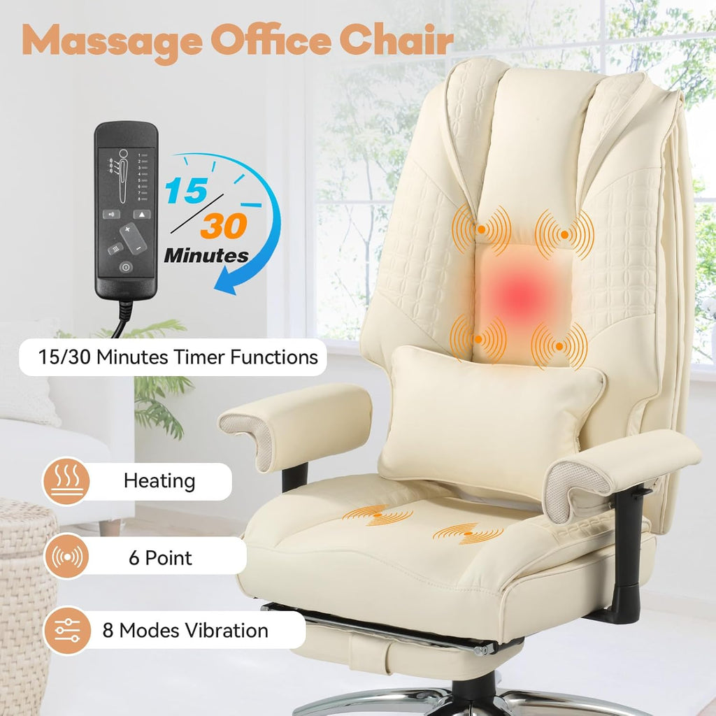 Vibrate Massage & Heating Office Chair, Executive Office Chair with Reclining Backrest, Adjustable Arms & Lumbar Support, High Back Leather Desk Chairs w/Foot Res for Home Office, Beige