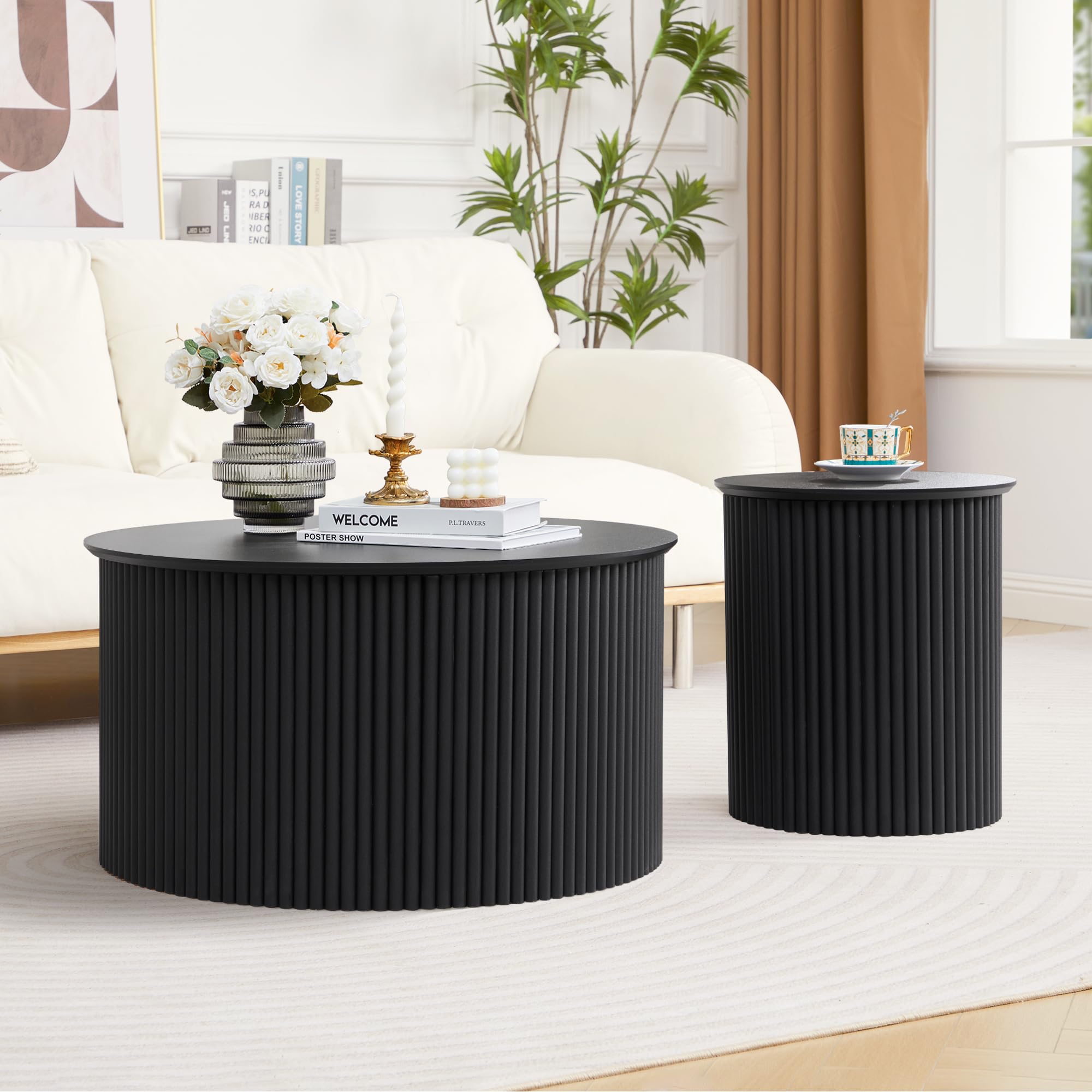 Fluted Round Nesting Coffee Table Set of 2, Mid Century Modern Wood Coffee Tables and End Table Set, Circle Side Table Minimalist Center Tables for Living Room, Office(Walnut)