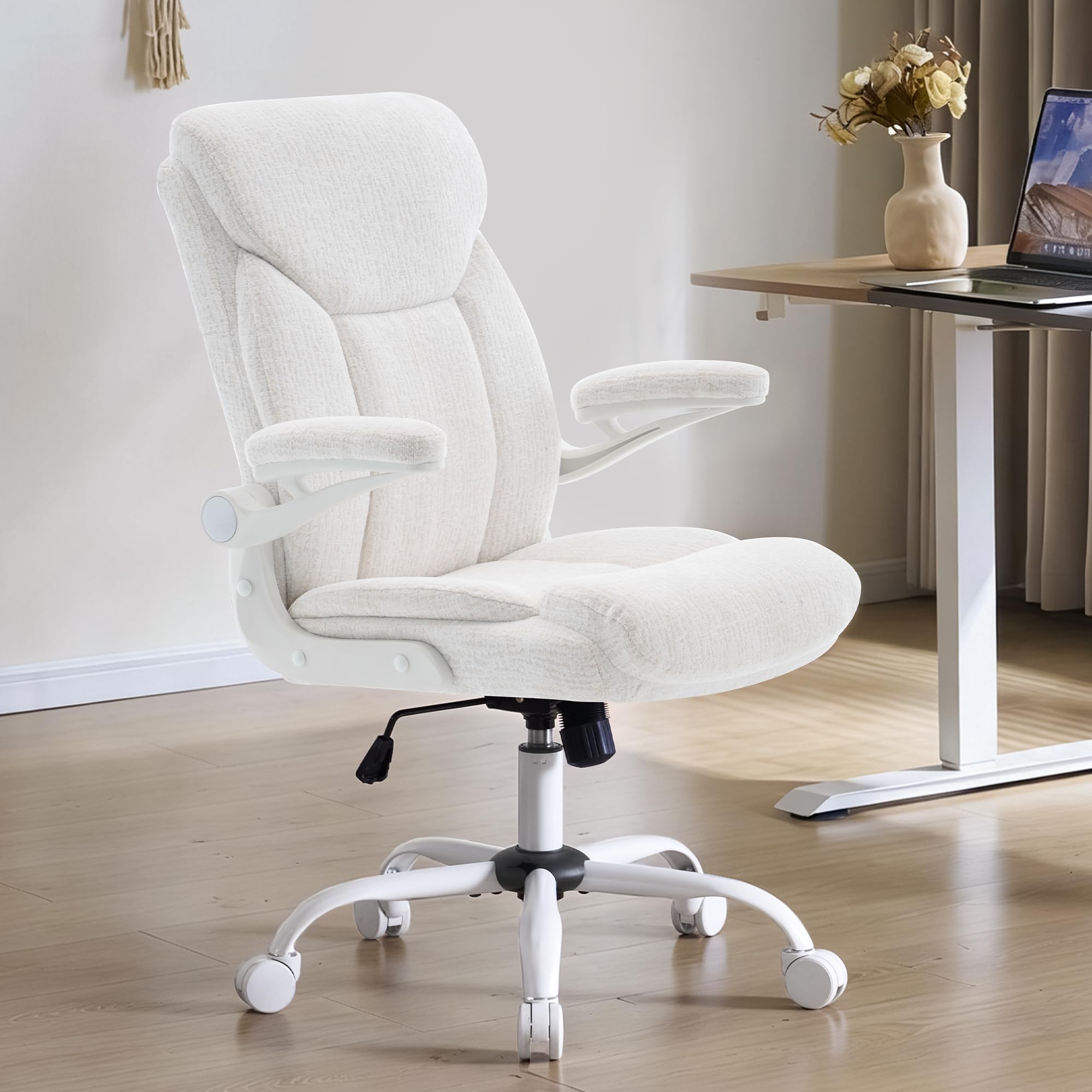 Home Office Ergonomic Desk Chair - Comfy Leather Executive Chair with Flip-Up Armrests, Height Adjustable Computer Chair for Gaming, 360° Swivel & Rocking(Black)