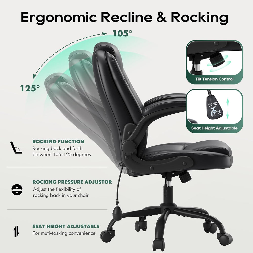 MALOL Leather Office Chair, Computer Desk Chair with Adjustable Lumbar Support, Thick Cushion, Flip-Up Arms and Ergonomic Back, Comfy Executive Office Chair for Home Office Gaming,Black