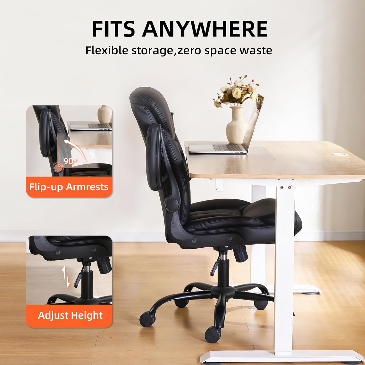 Home Office Ergonomic Desk Chair - Comfy Leather Executive Chair with Flip-Up Armrests, Height Adjustable Computer Chair for Gaming, 360° Swivel & Rocking(Black)