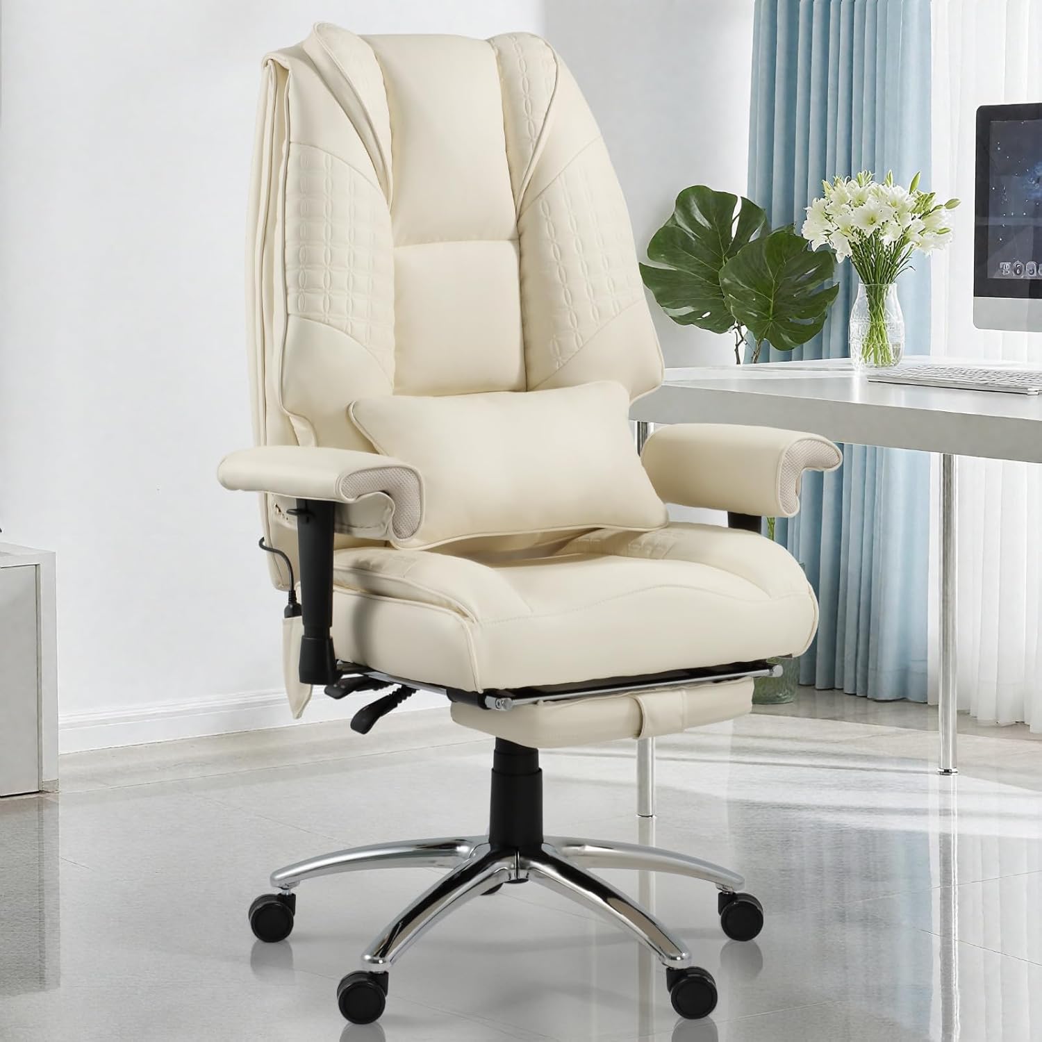 Vibrate Massage & Heating Office Chair, Executive Office Chair with Reclining Backrest, Adjustable Arms & Lumbar Support, High Back Leather Desk Chairs w/Foot Res for Home Office, Beige