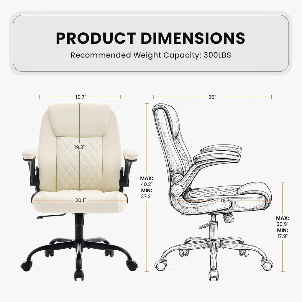 Leather Office Chair, 300lbs Heavy Duty Mid-Back Desk Chairs with Flip-up Armrests, Space-Saving Swivel Task Chair with Wheels, Adjustable Height and Ergonomic Back Support, Beige