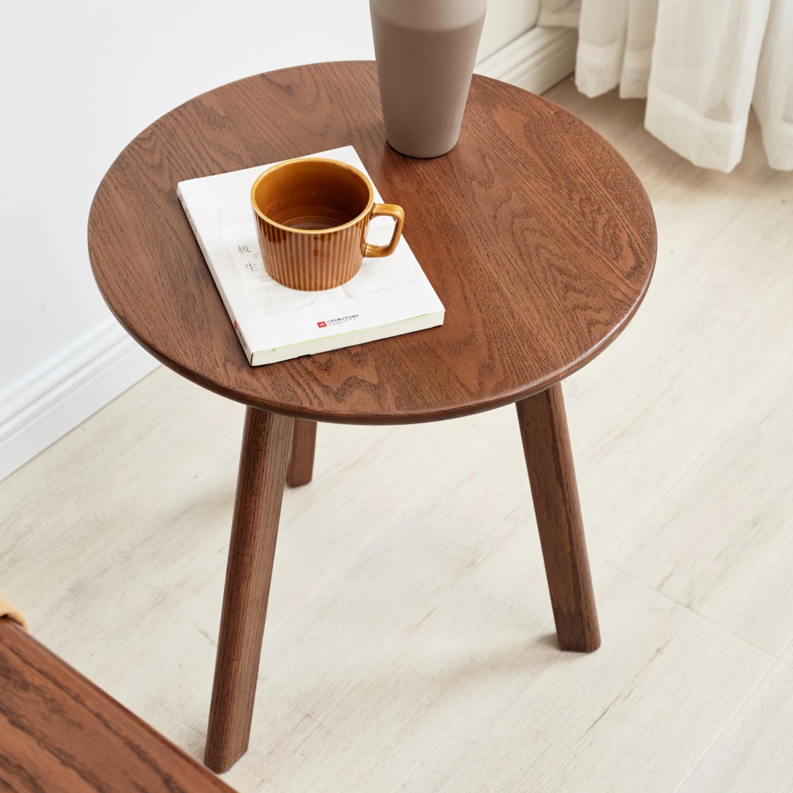 23.62" Walnut Solid Oak Round Mini Coffee Side Table with Wood Legs, Mid Century Accent Table for Living Room Bedroom Balcony