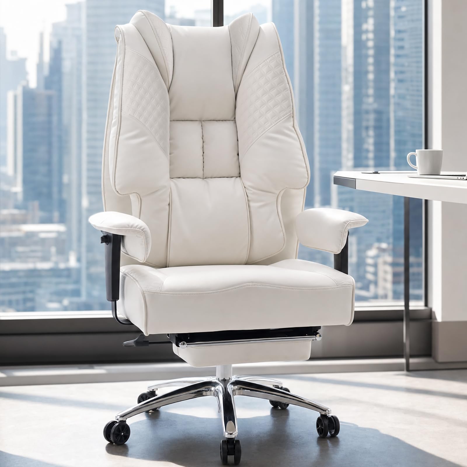 EXCEBET Big and Tall Office Chair 400lbs Wide Seat, Leather High Back Executive Office Chair with Lumbar Support, Ergonomic Chairs Padded Armrests & Thick Cushion (Mesh Beige)