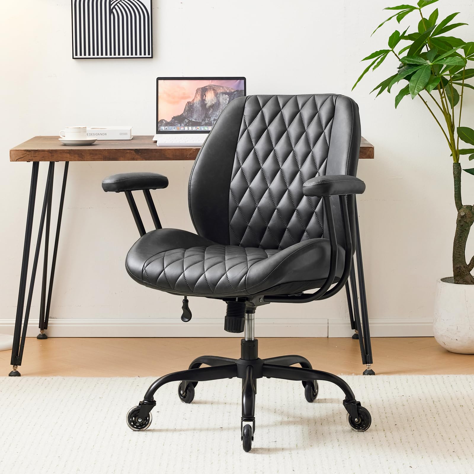 YFO Home Office Desk Chair High Back Office Rubber Casters Ergonomic Computer Chair with Lumbar Support Adjustable Height Rolling Swivel Chair Executive Task Armrests， Brown Leather