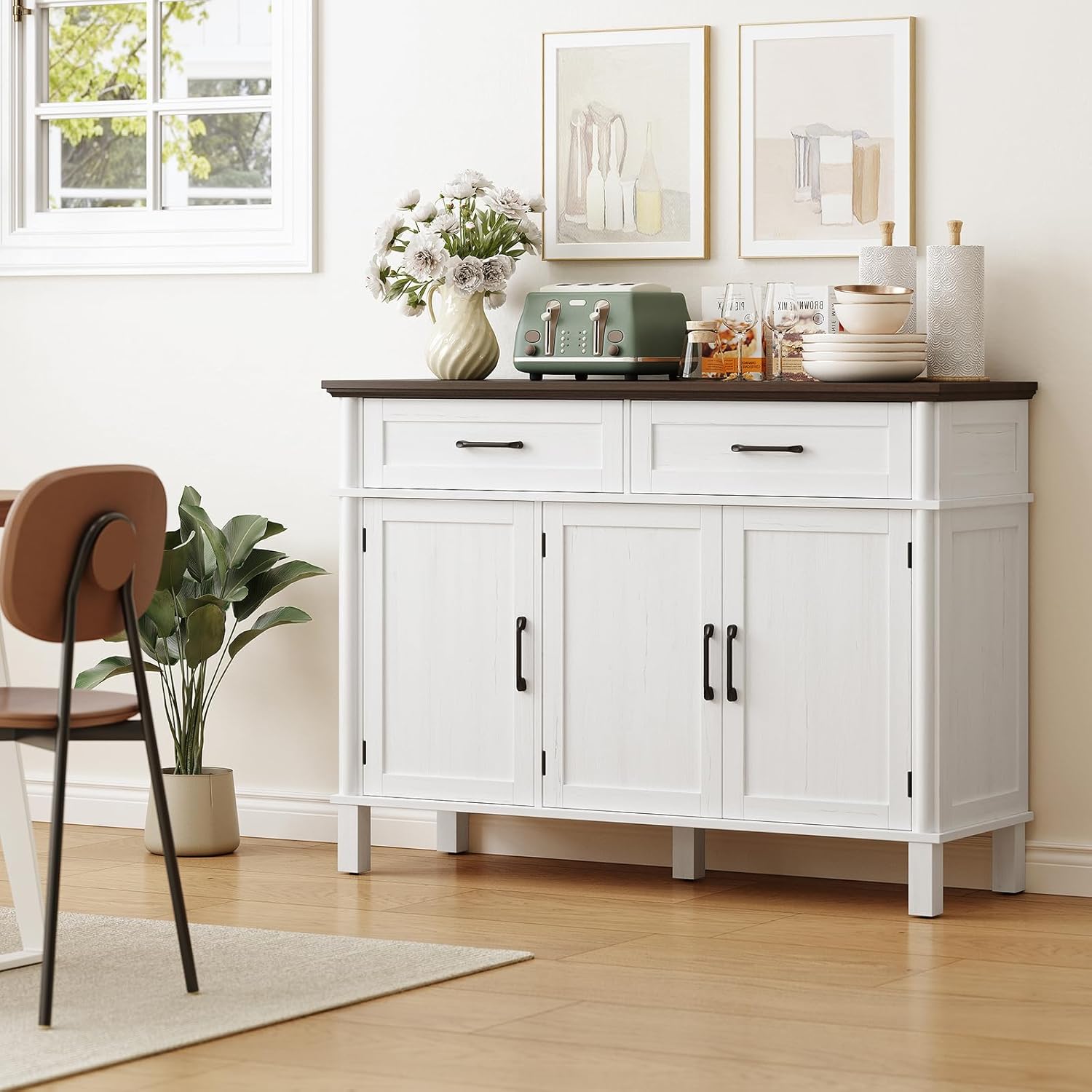 48" Off White Farmhouse Sideboard Buffet Cabinet with 2 Drawers, 3 Doors & Adjustable Shelves, Wood Storage Coffee Bar for Kitchen Living Room