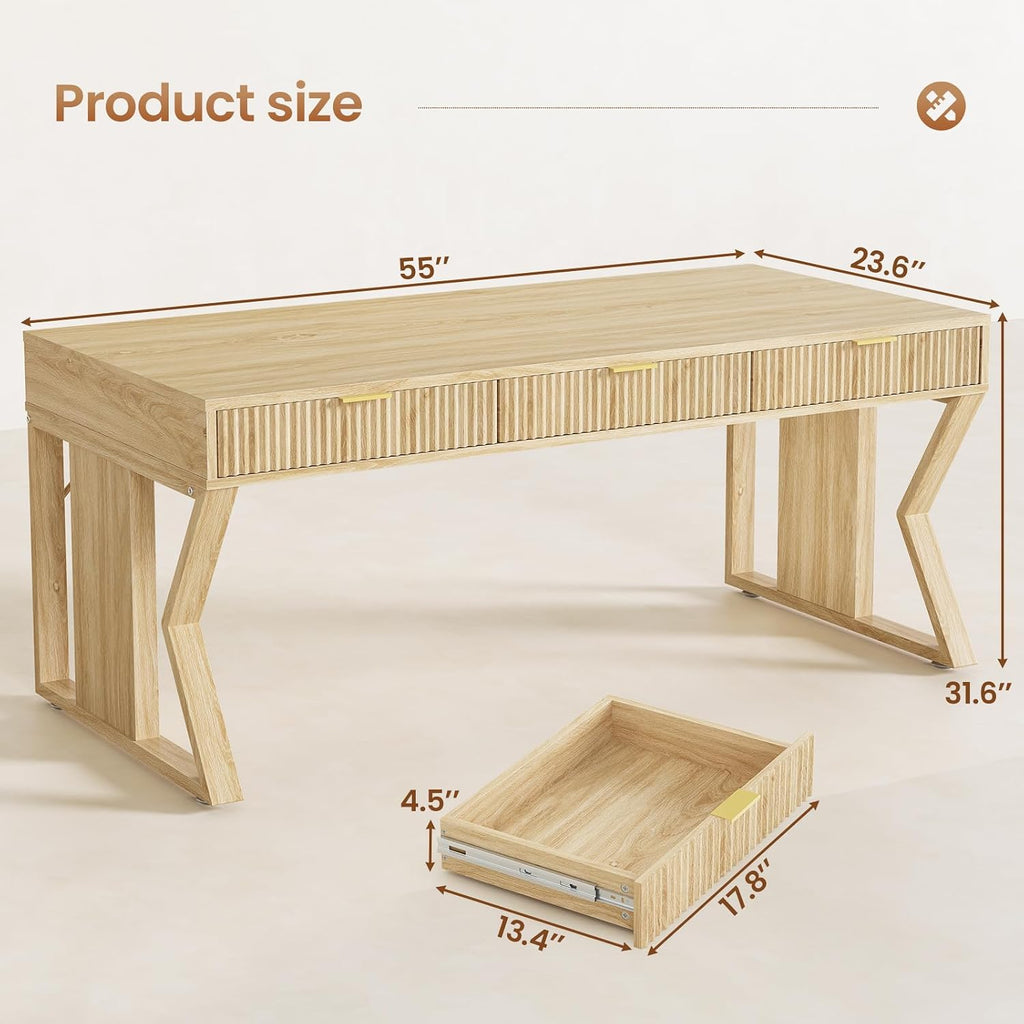 SEDETA 55" Executive Office Desk with 3 Drawers, Home Office Desk with Storage Drawers, Computer Writing Desk Study Table, Natural Oak