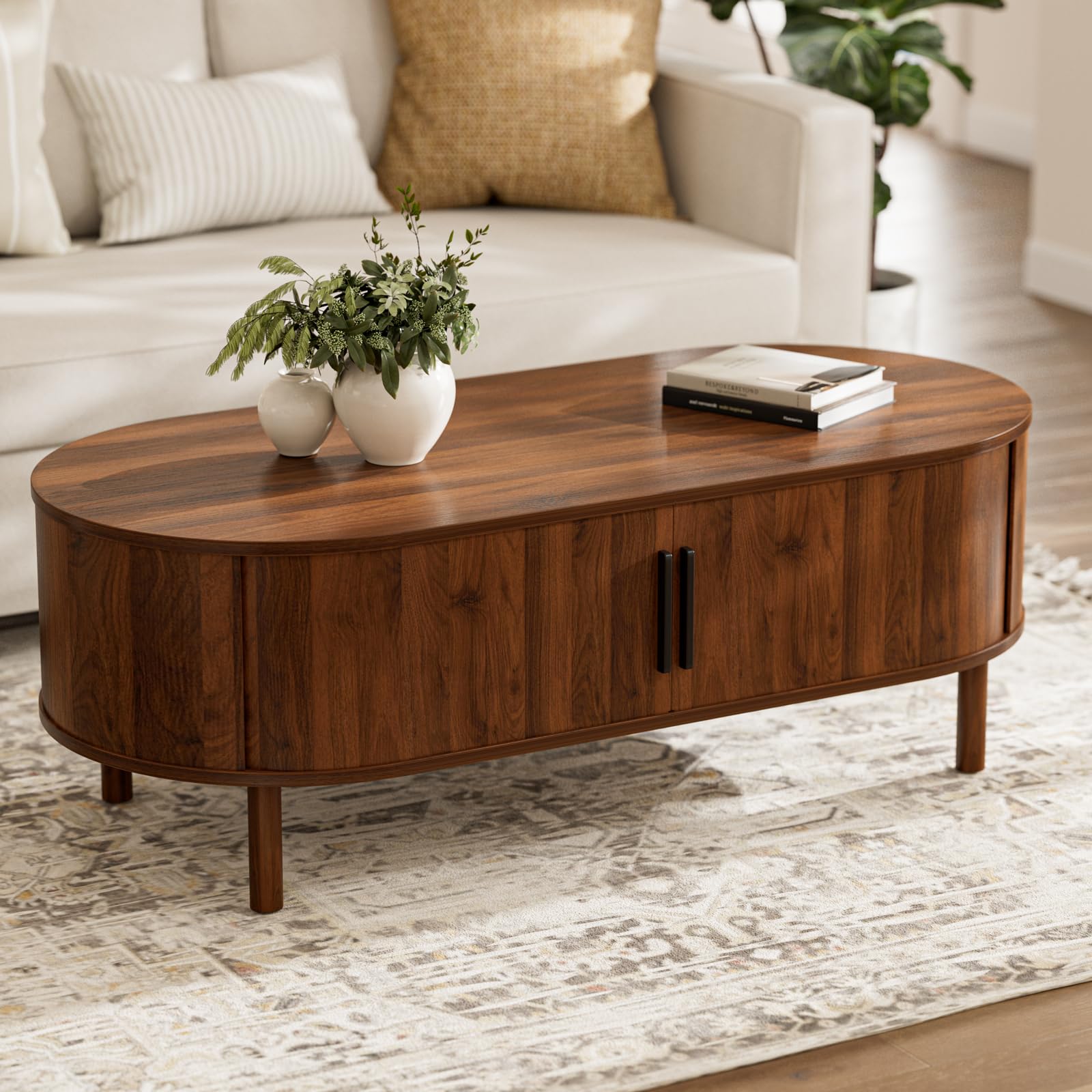 ZttRiee Coffee Table for Living Room, Modern Round Coffee Table with Cabinets & Sliding Doors, Home Small Space, 29.9" Fluted Center Table, Walnut