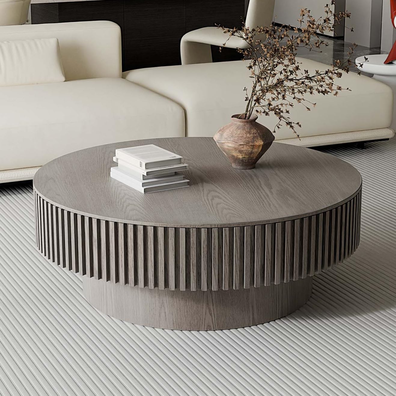 31" Round Coffee Table for Living Room, Mid Century Modern Coffee Table with Sturdy Pedestal, Circle Center Table Accent Tea Table for Apartment Walnut
