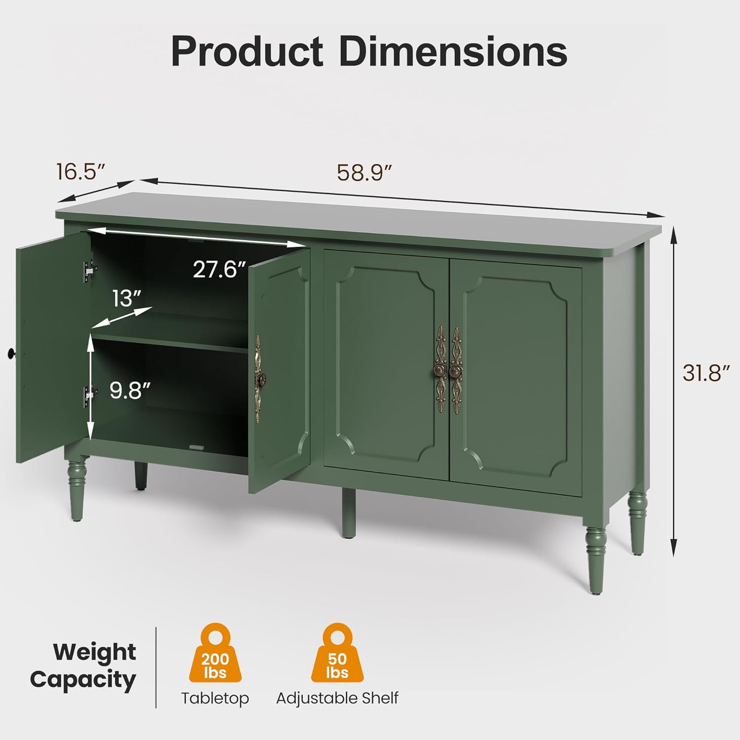 RoyalCraft Buffet Cabinet with Storage, 59" Vintage Sideboard with Adjustable Shelves, Mid Century Modern Painted Credenza Coffee Bar for Kitchen, Dining Room, Entryway, Living Room, Forest Green