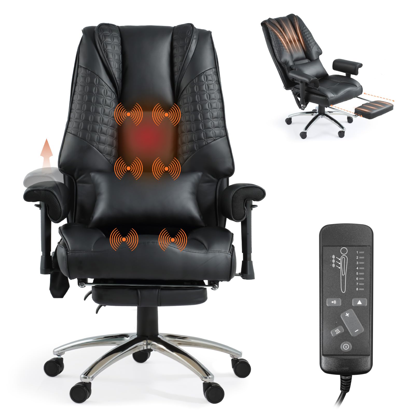 Vibrate Massage & Heating Office Chair, Executive Office Chair with Reclining Backrest, Adjustable Arms & Lumbar Support, High Back Leather Desk Chairs w/Foot Res for Home Office, Beige
